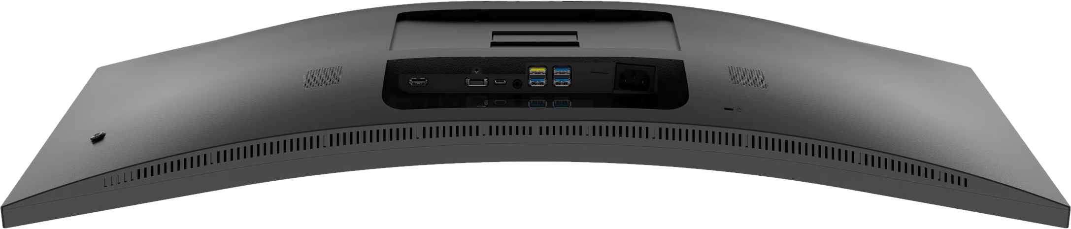 Monitor curvo nero per computer, con porte sul retro.