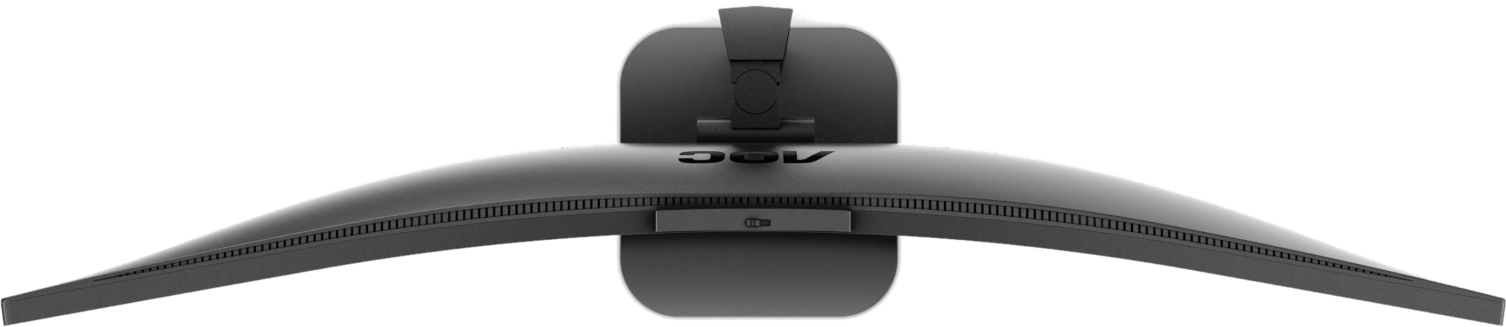 Monitor nero curvo dall'alto, con supporto e logo del marchio visibili.