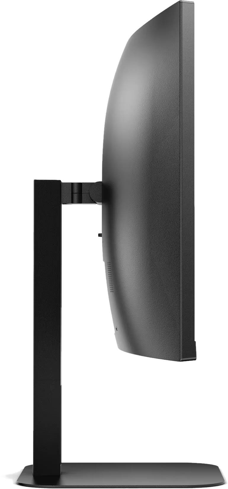 Vista laterale di un monitor del computer nero. Ha uno schermo curvo e un supporto nero.