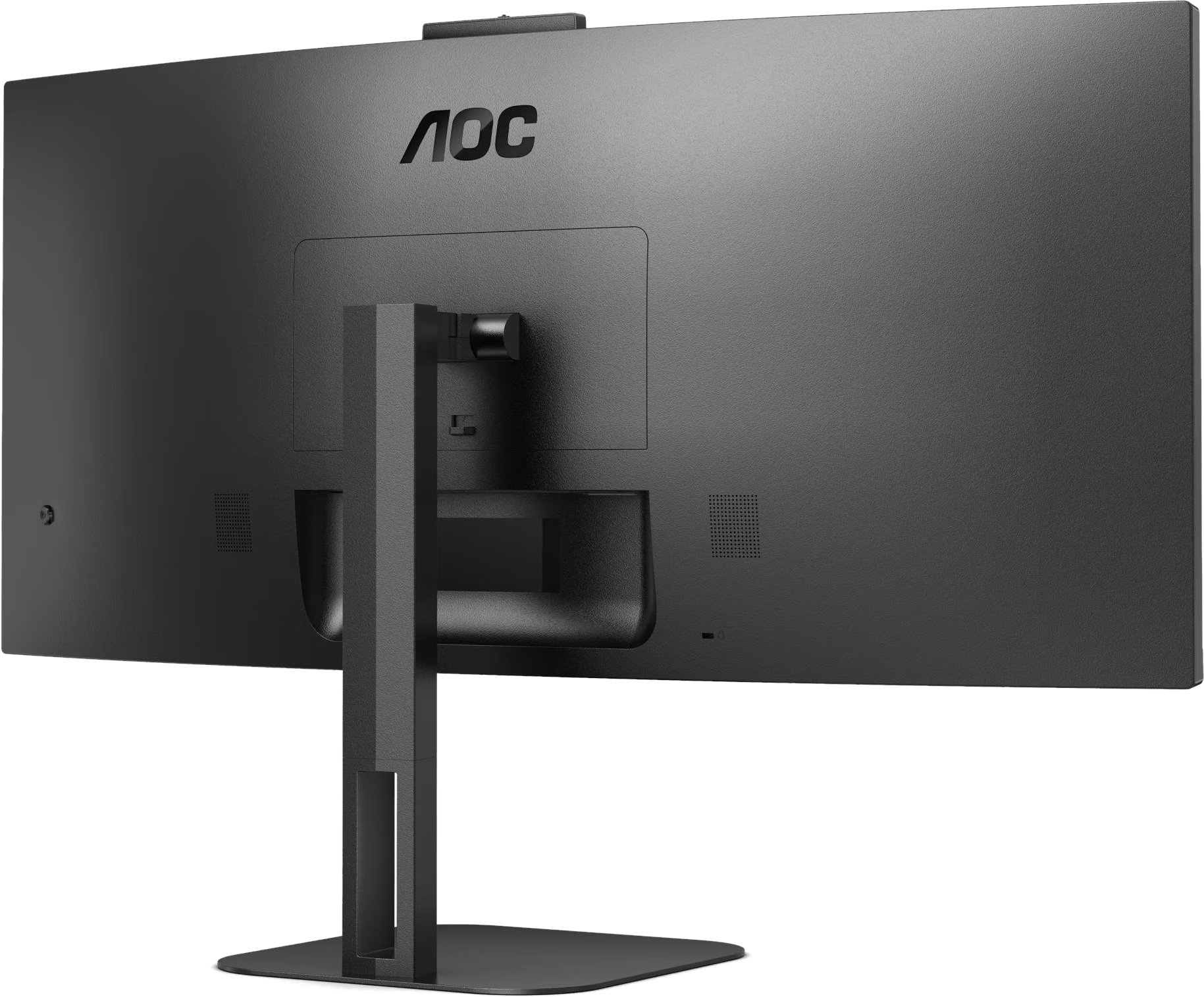 Vista posteriore di un monitor AOC nero, con supporto. Logo AOC in alto.