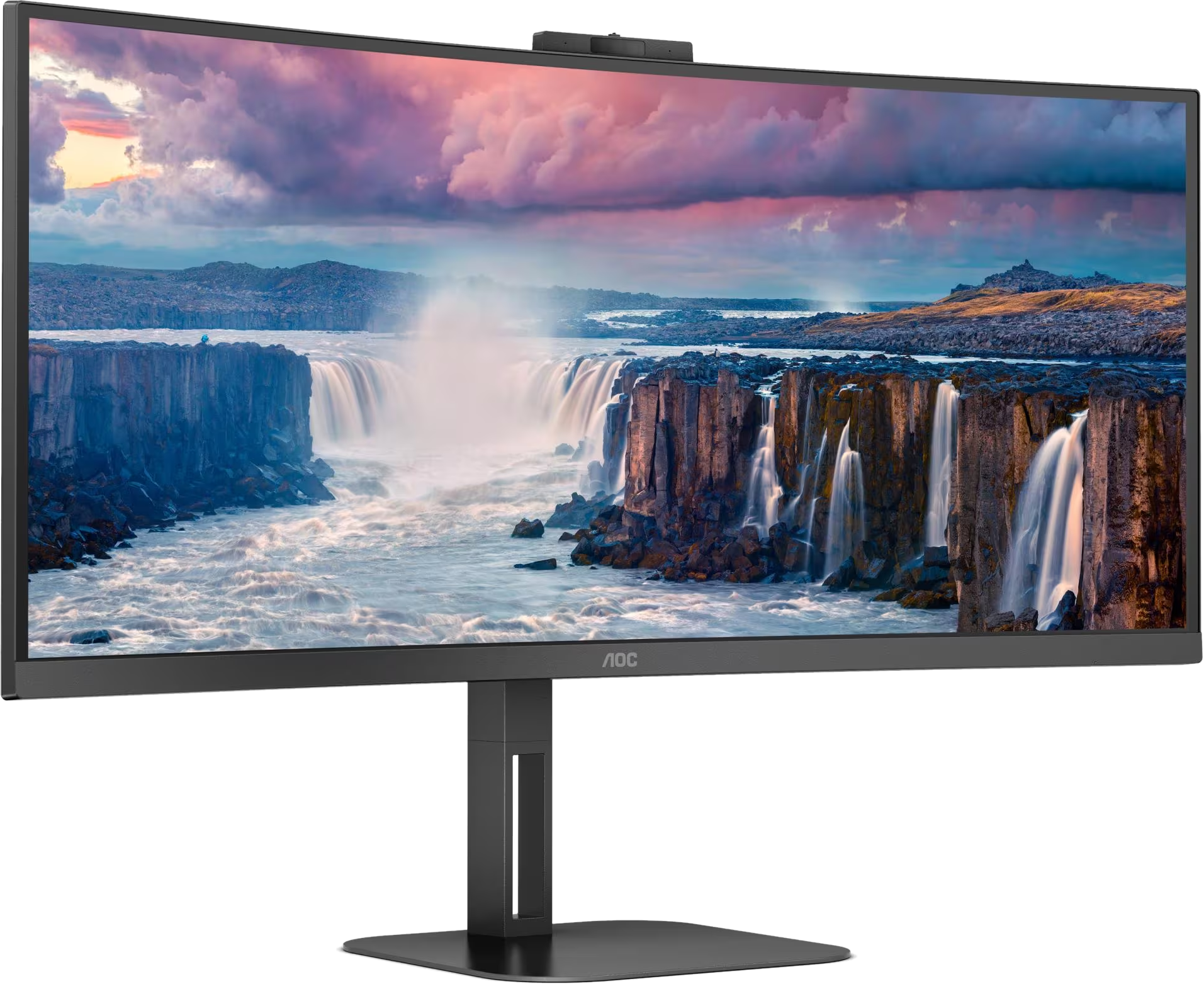 Monitor AOC con scena di cascata. Supporto e cornice neri.