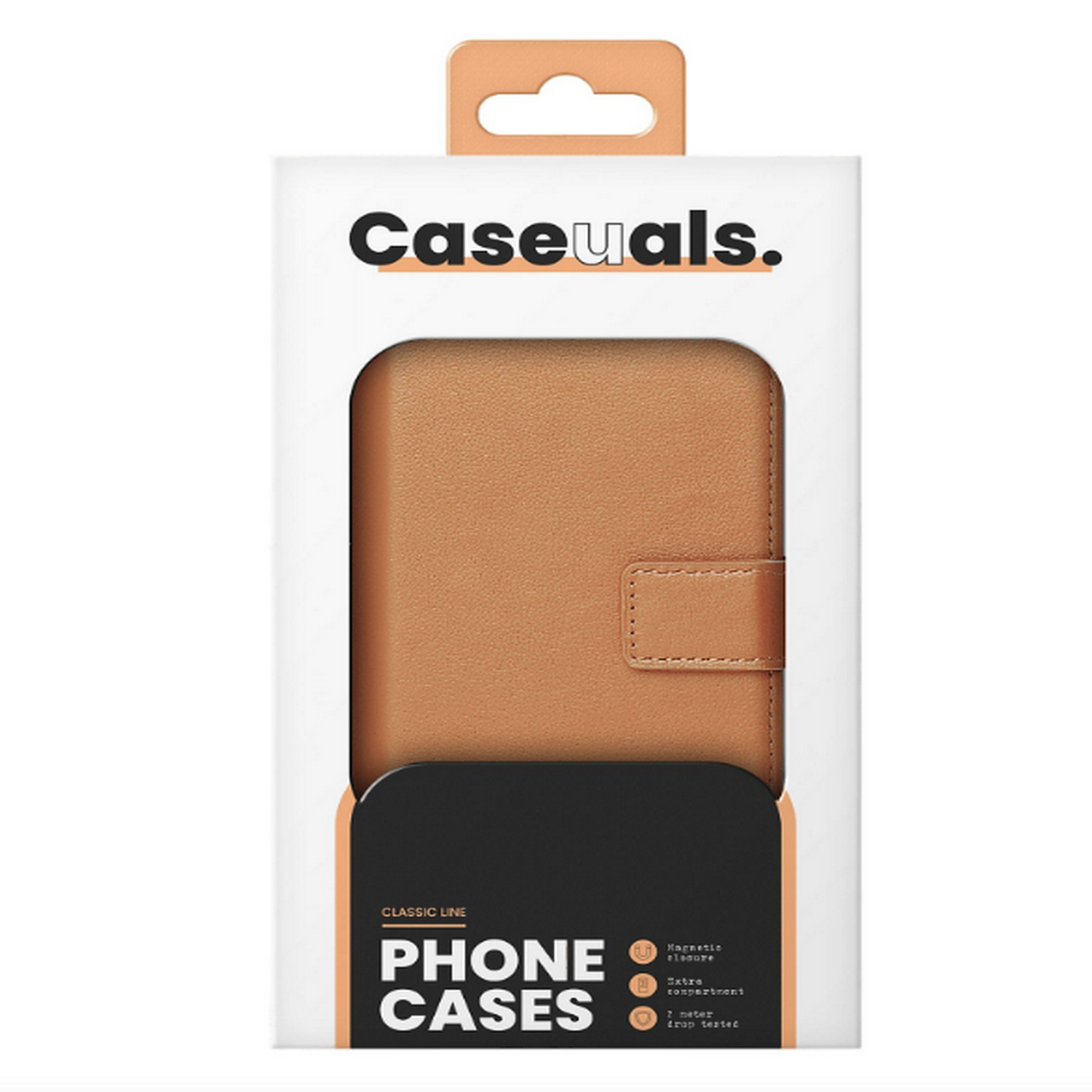 Étui de téléphone dans son emballage. Étui en cuir beige avec fermeture magnétique. Fond blanc.