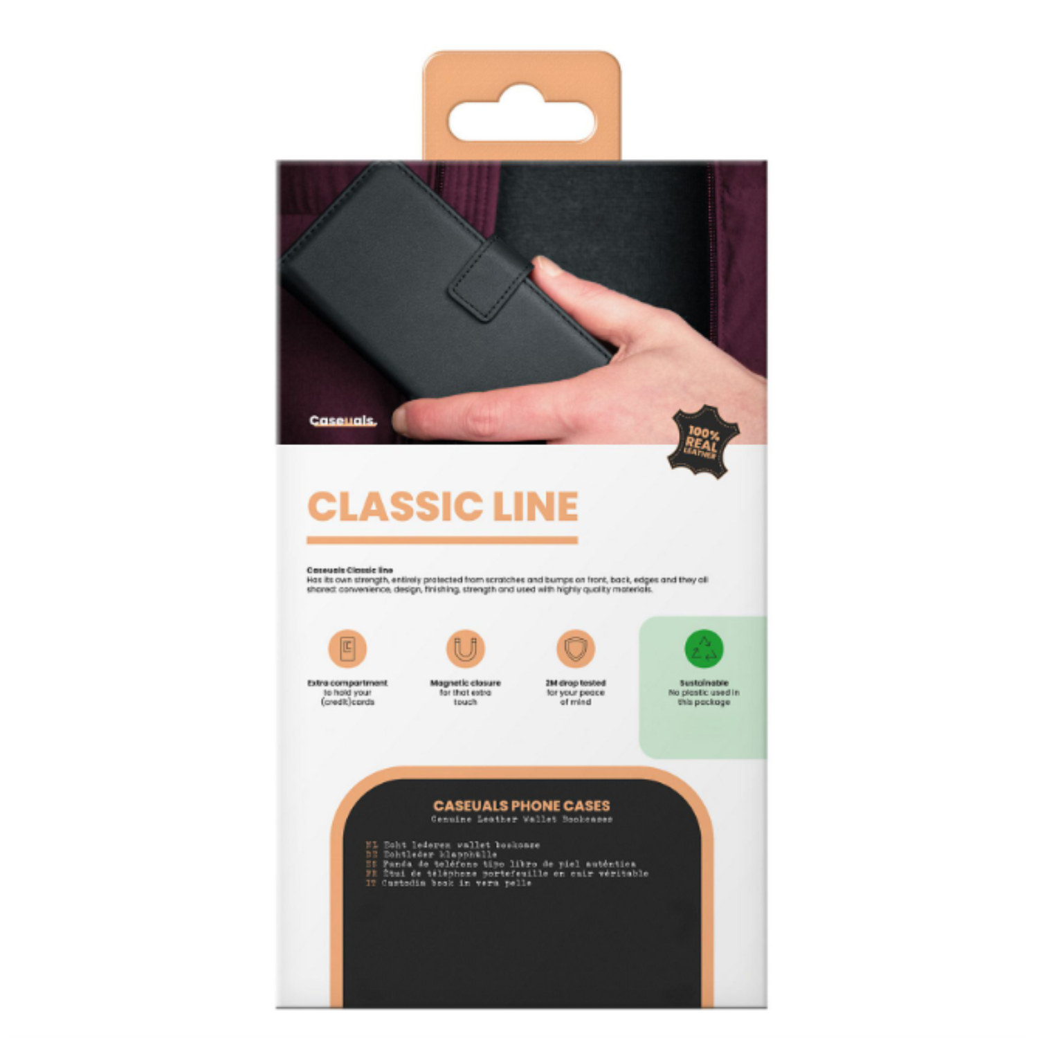 Emballage d'étui de téléphone Caseuals avec un téléphone à l'intérieur, avec texte et fonctionnalités.