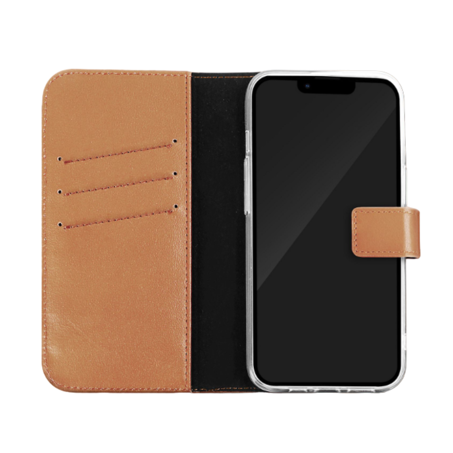 Un étui de téléphone en cuir marron clair est ouvert. Un écran de téléphone noir est visible à l'intérieur.