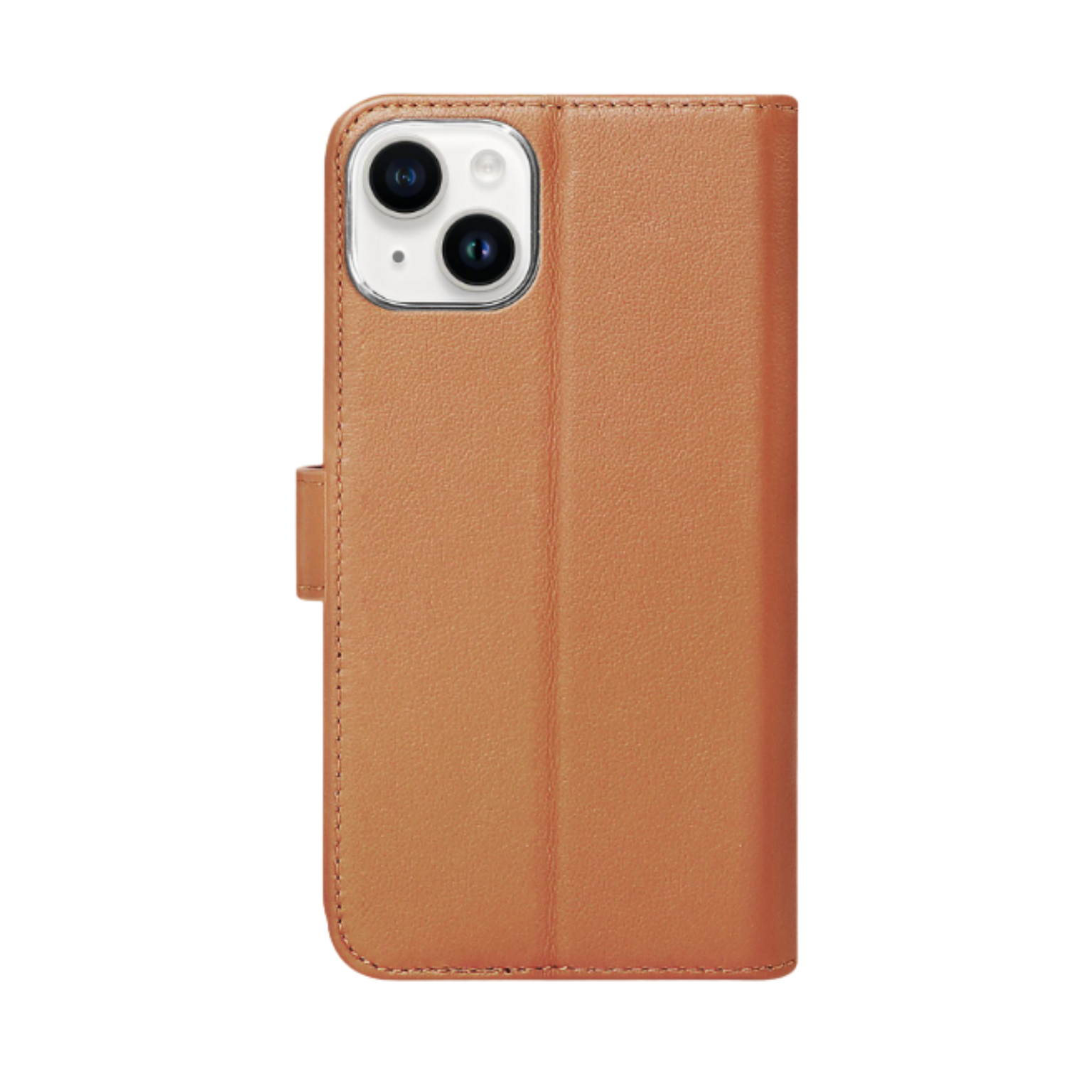Un étui iPhone marron, fermé, avec une fermeture magnétique et une fente pour l'appareil photo.