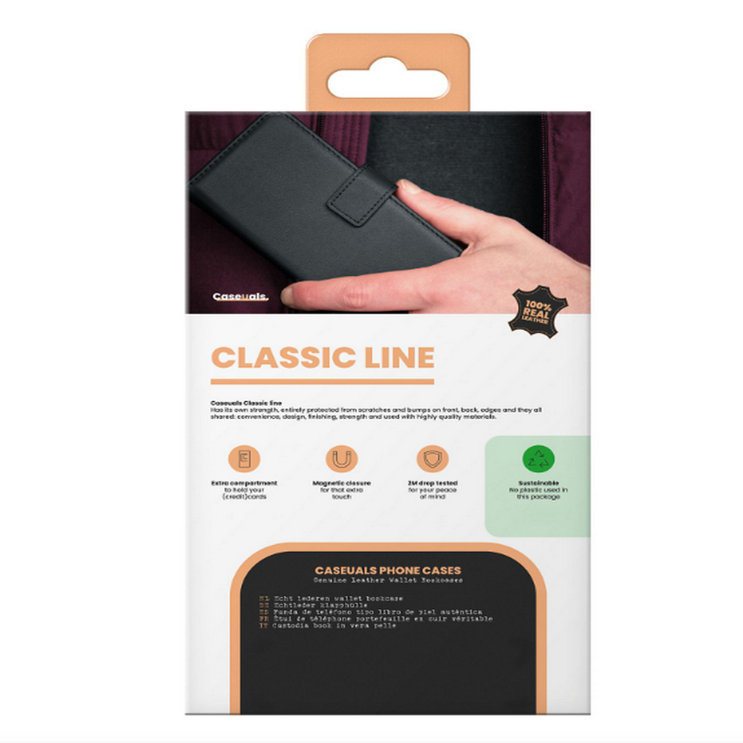 Un étui de téléphone noir dans un emballage. Une main tient l'étui. L'emballage porte le texte 'Classic Line'.