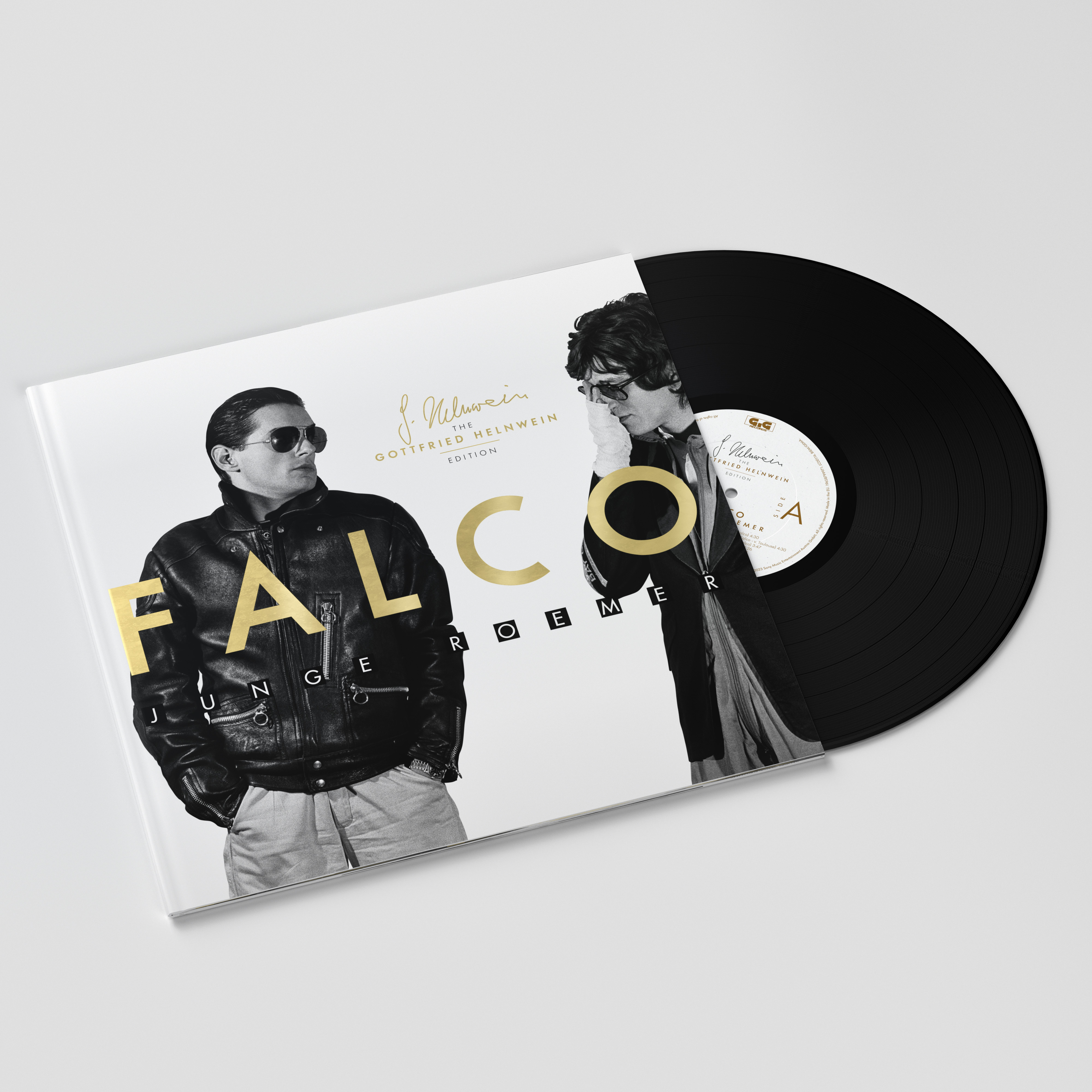 Albumcover: Falco-Album mit zwei Bildern von Falco und einer Schallplatte.