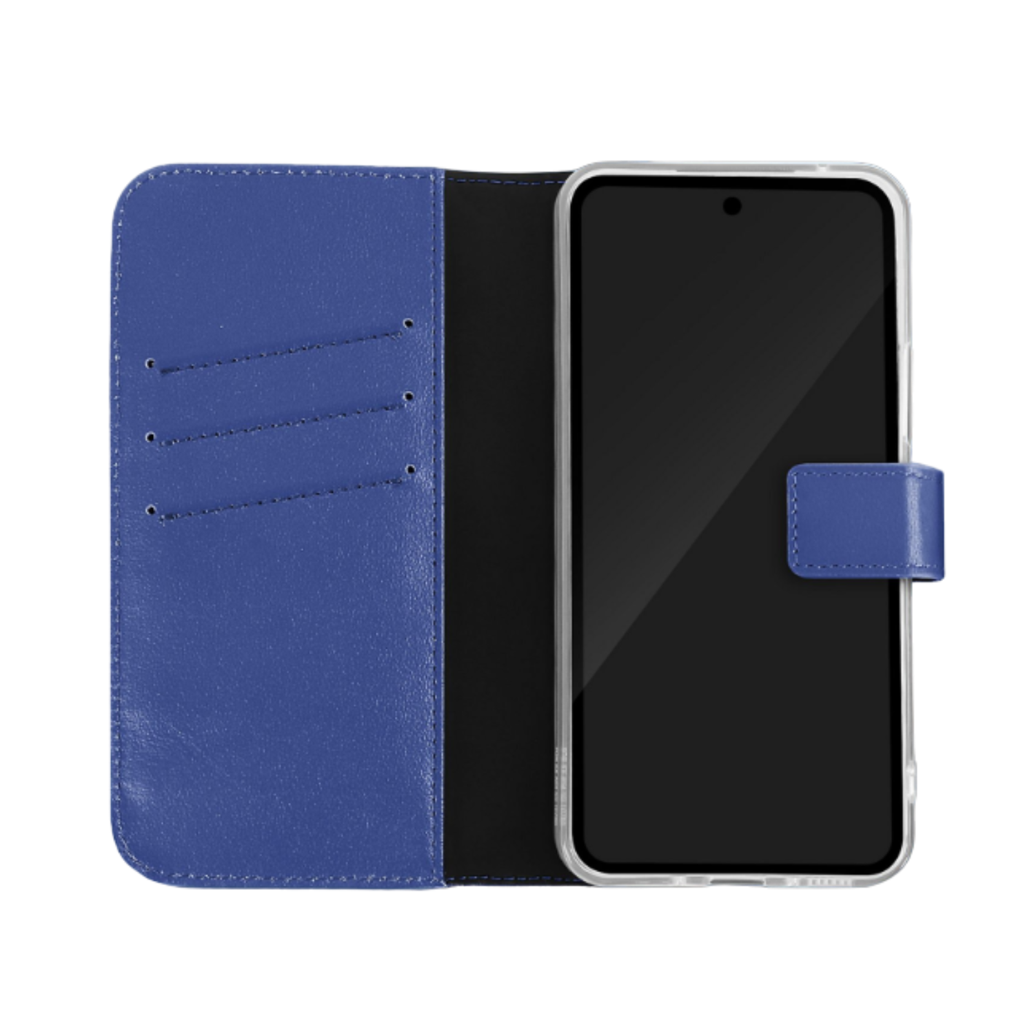 Étui de téléphone bleu avec un téléphone à l'intérieur. Fond noir.