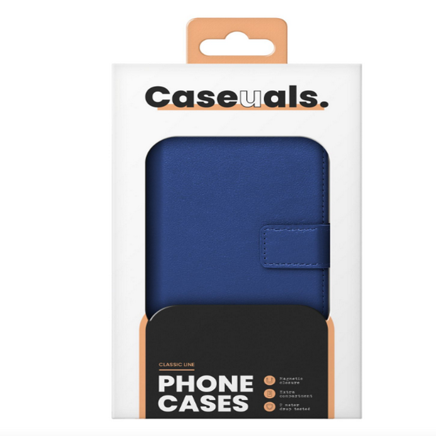 Un étui de téléphone bleu dans une boîte en carton blanche.