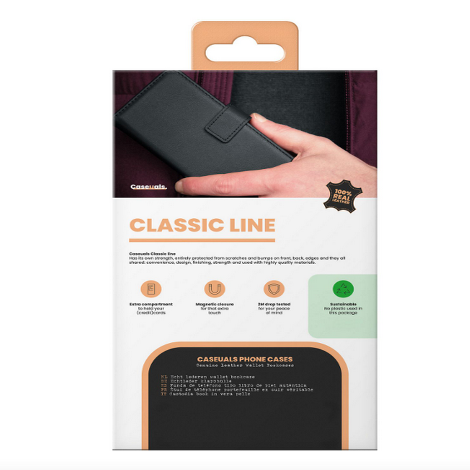 Emballage d'étui de téléphone avec texte de ligne classique et une main tenant l'étui.