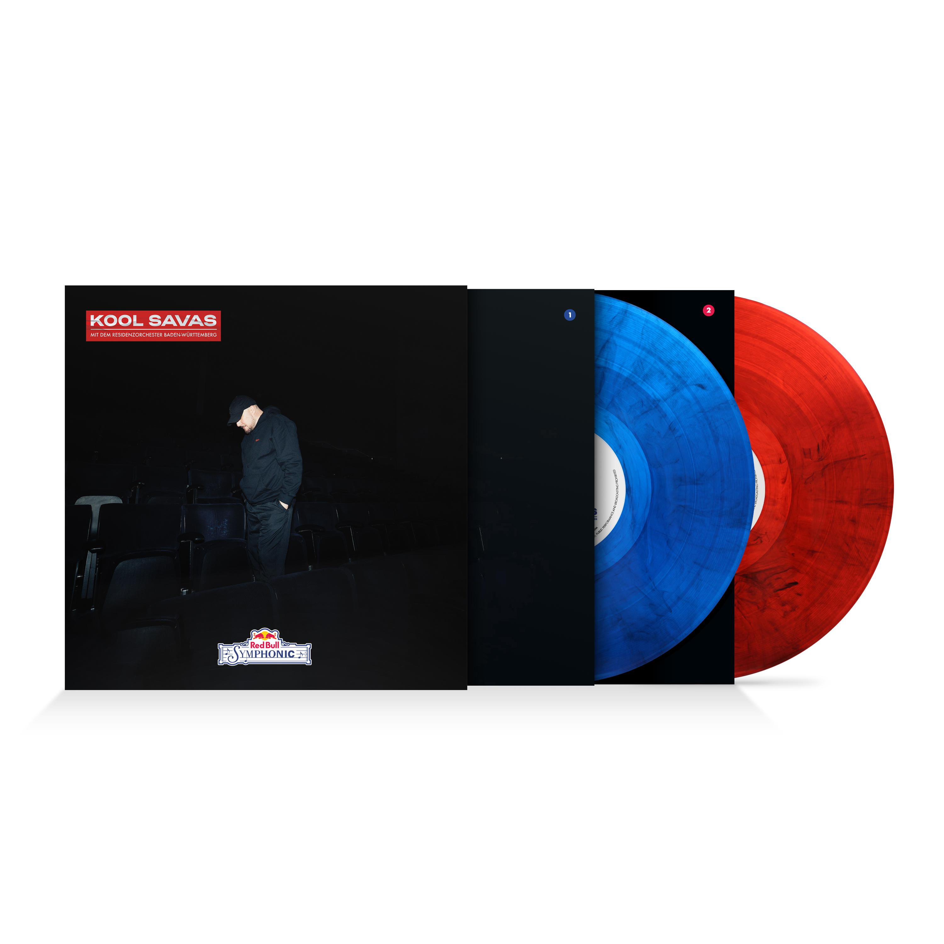 Vinylplatten in Hüllen. Eine blaue und eine rote Vinylplatte auf weißer Oberfläche. Albumcover.