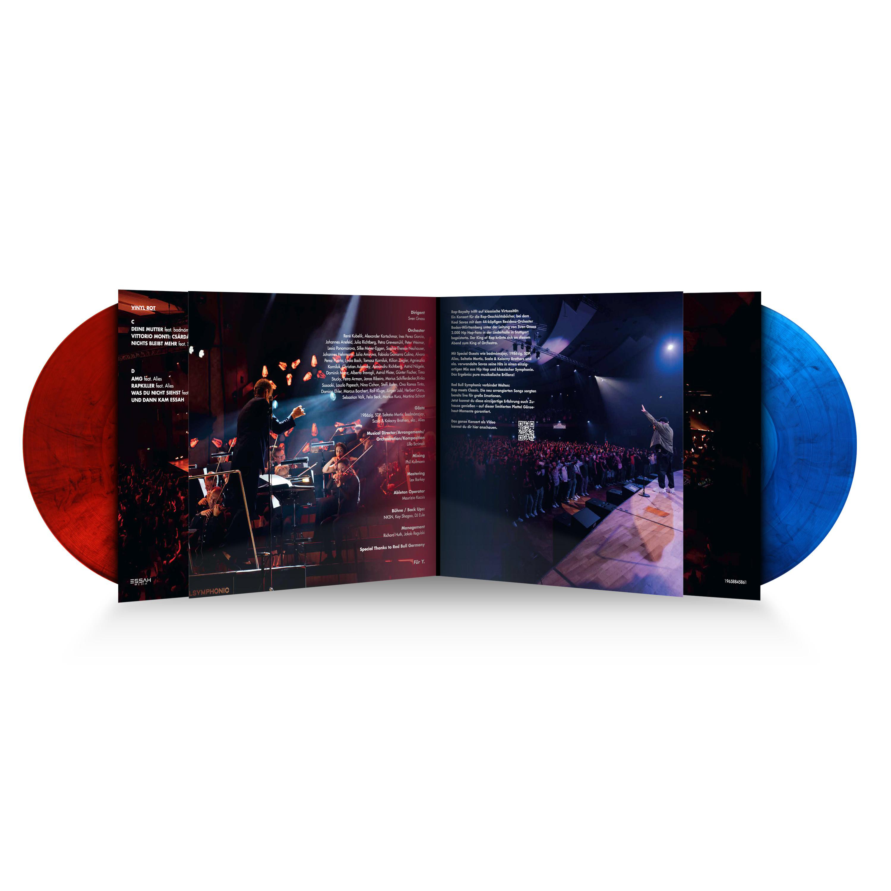 Rote und blaue Schallplatten mit einer Konzernszene in einem Klappcover.