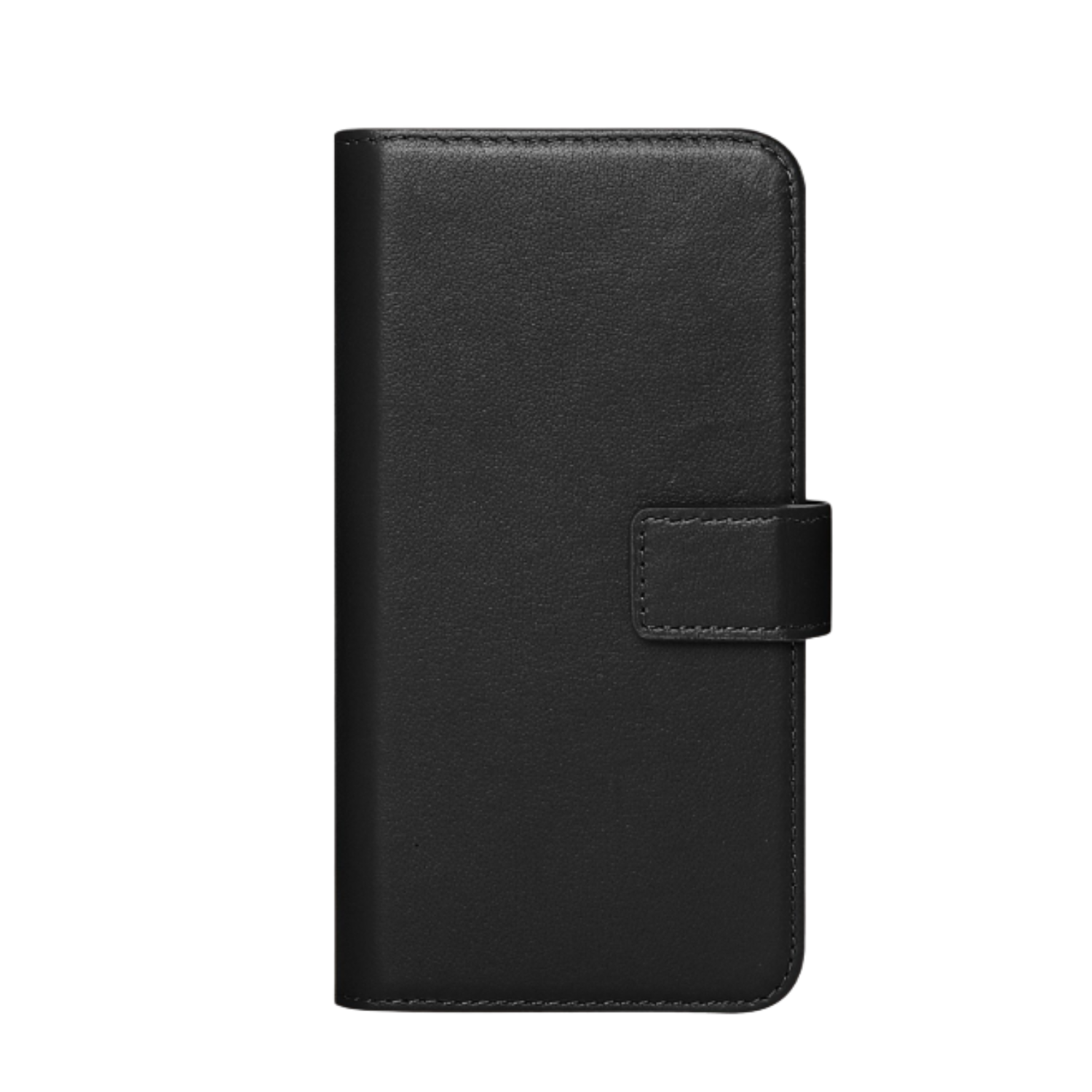 Étui de téléphone noir fermé, montrant un fermoir. L'étui est en simili cuir.