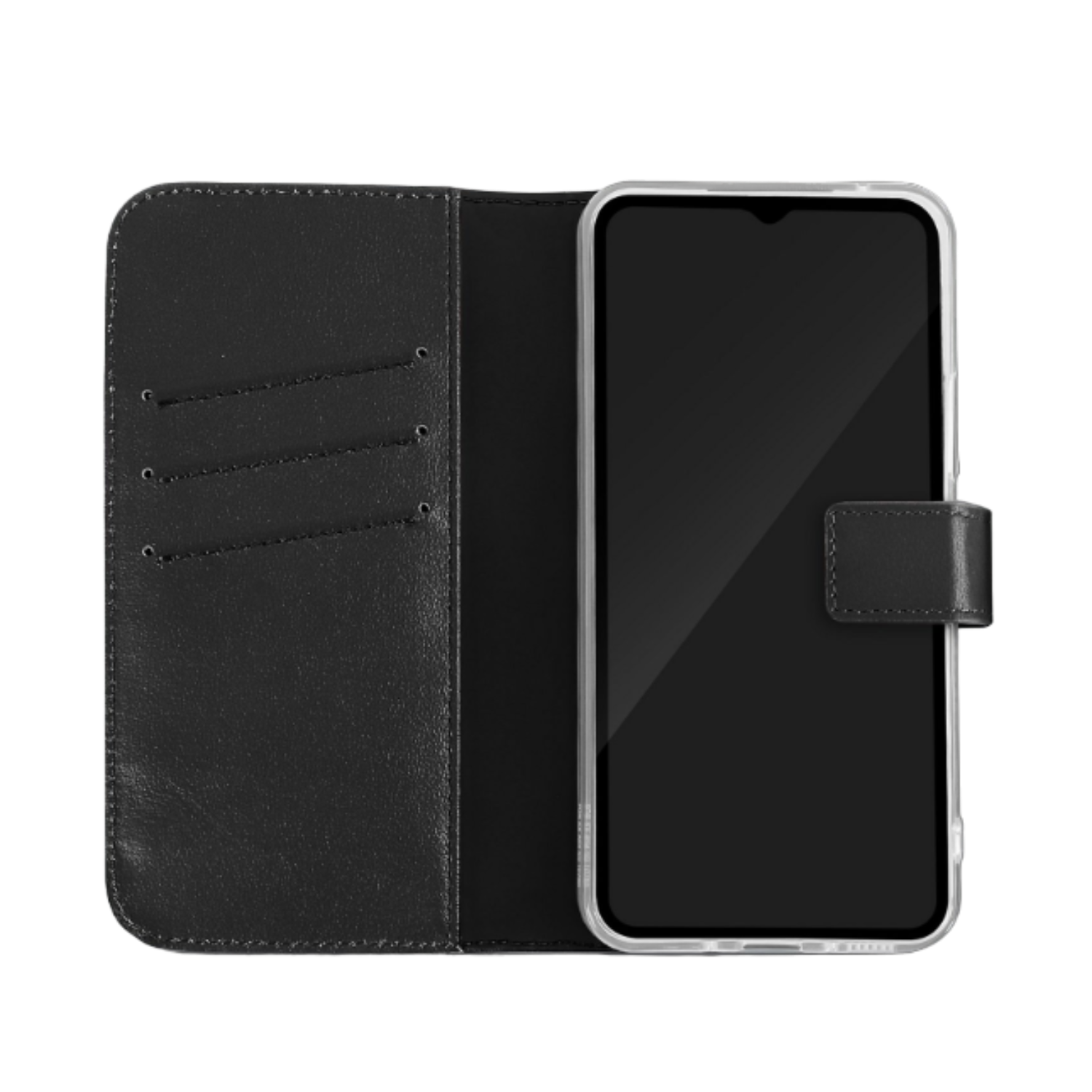 Étui de téléphone en cuir noir ouvert. Téléphone avec écran noir à l'intérieur. Fond noir.