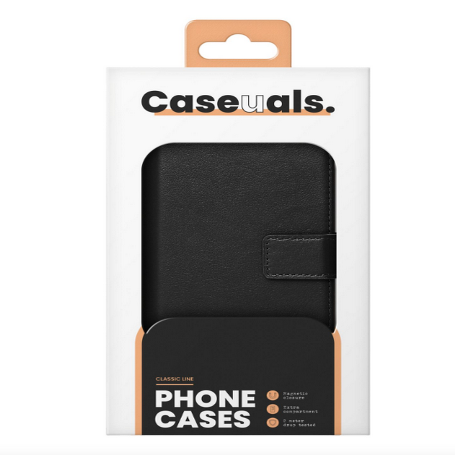 Coque de téléphone dans une boîte. La coque noire est sur le devant. Fond blanc.