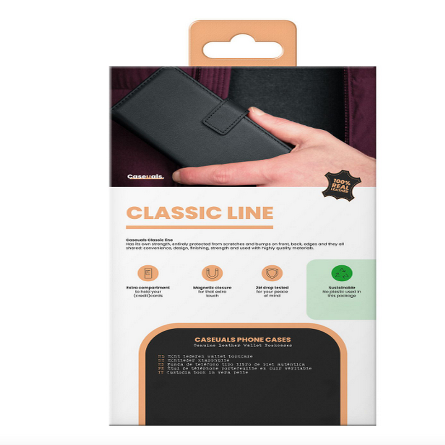 Un étui de téléphone noir tenu par une main, avec du texte et des icônes sur fond blanc.