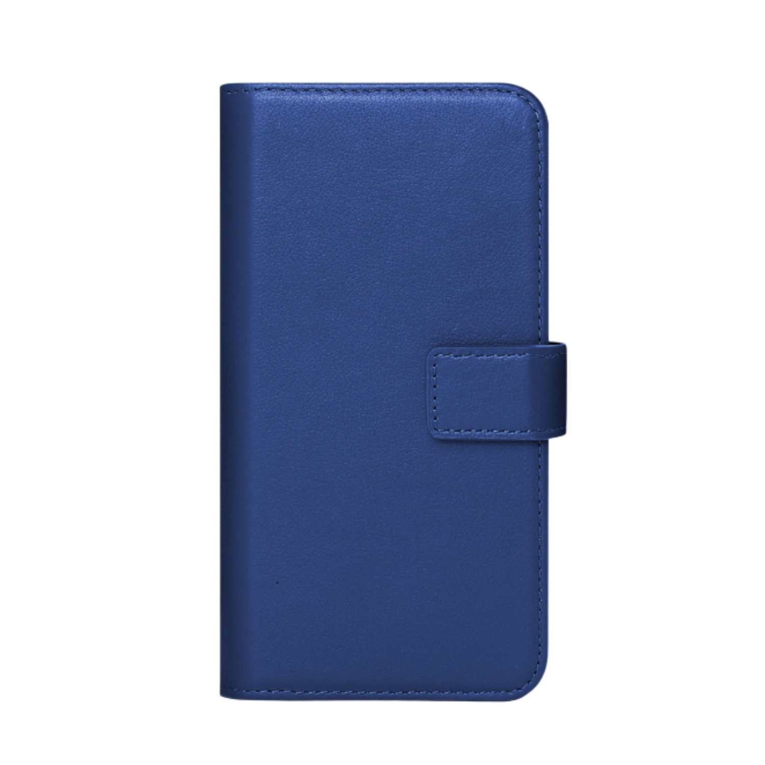 Een donkerblauwe leren telefoonhoes met een druksluiting.
