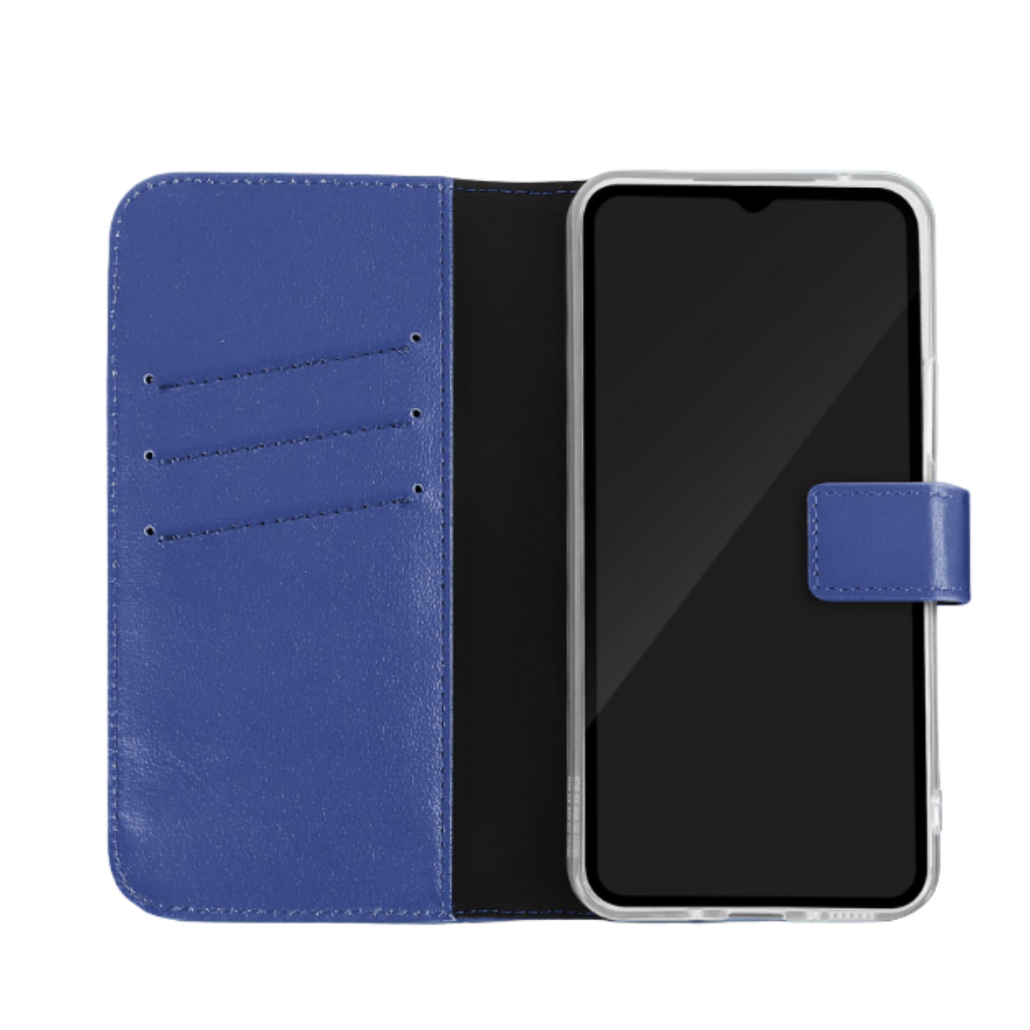 Een blauwe leren portemonnee-telefoonhoes is open en onthult een telefoon met zwart scherm.