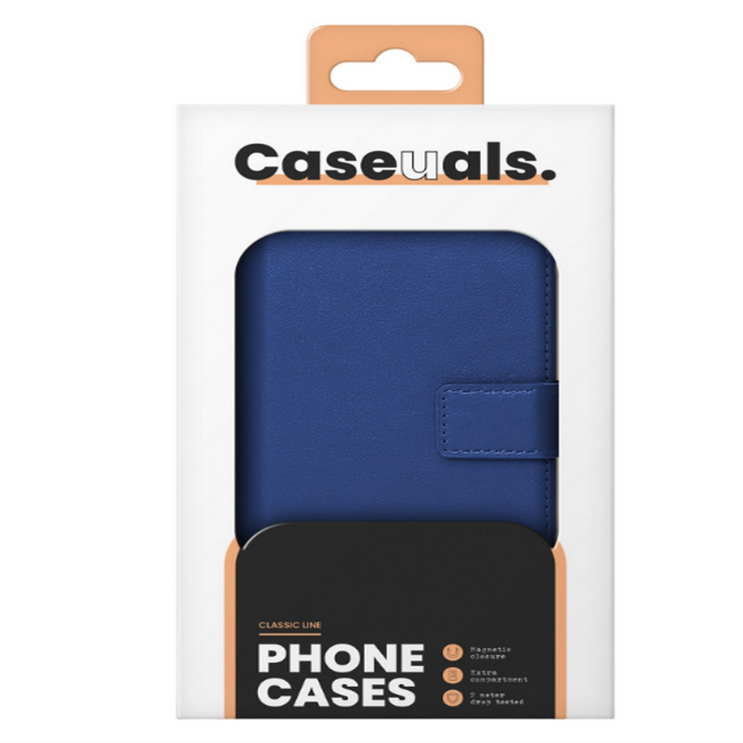 Een blauwe telefoonhoes in een witte doos met het merk "Caseuals" erop.