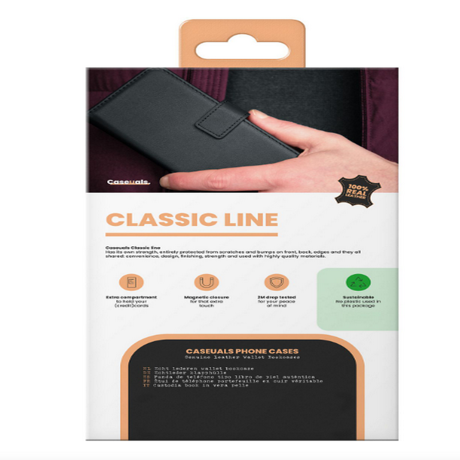 Kartonnen doos met een zwarte telefoonhoes. Tekst: CLASSIC LINE, Casuals, 100% Echt leer.