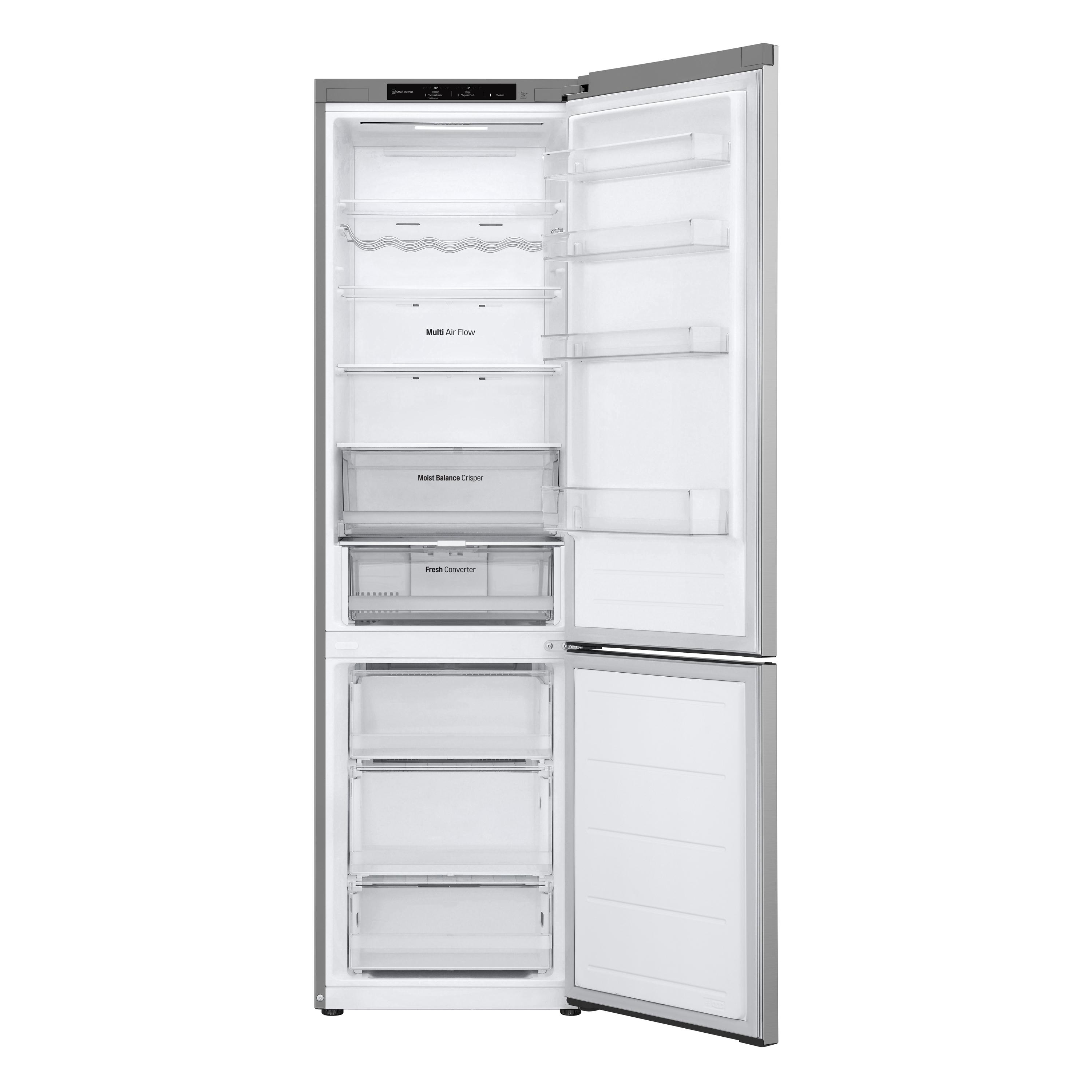 Geöffneter LG-Kühlschrank mit Regalen, Schubladen und Staufächern.