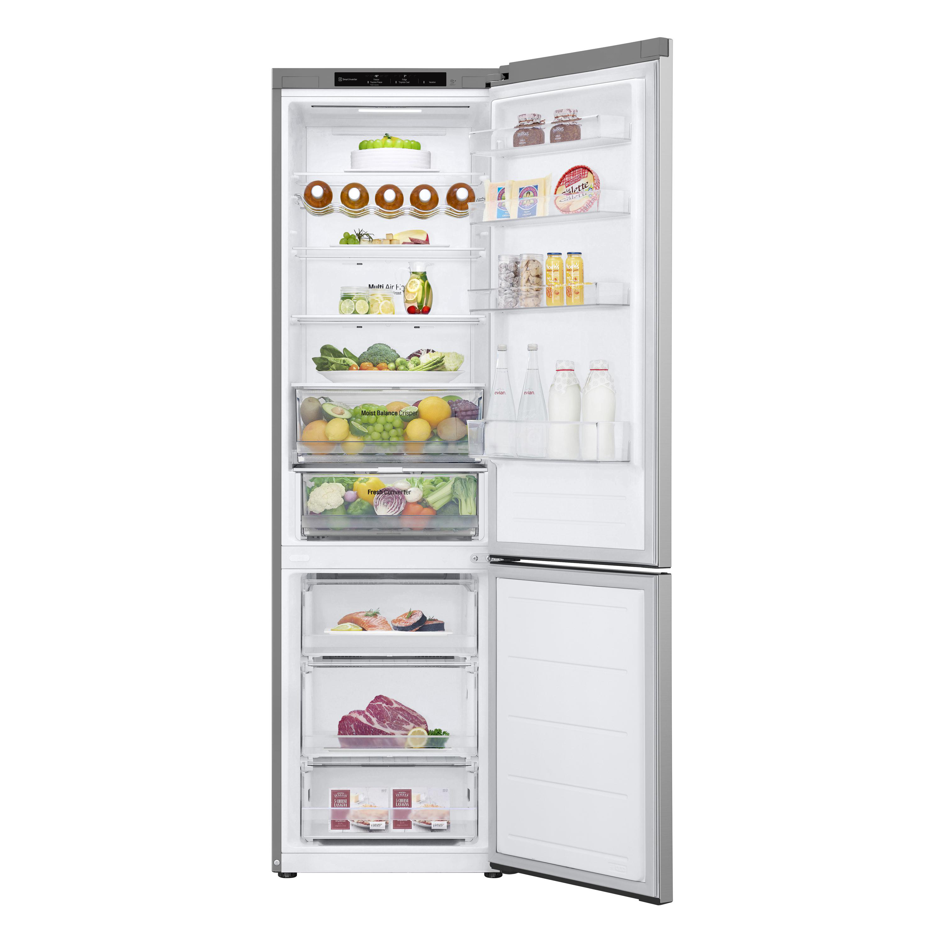 Offener LG-Kühlschrank. Lebensmittel auf Regalen, darunter Obst, Gemüse und Milchprodukte.