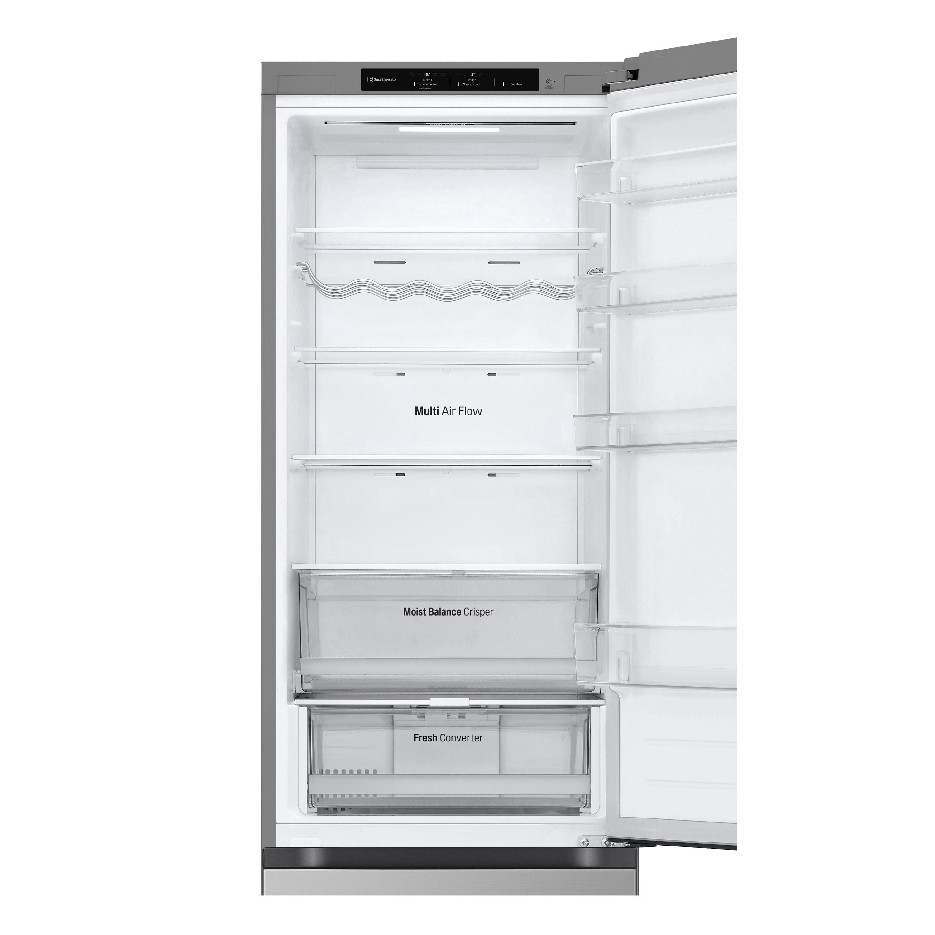Offener Kühlschrank mit Regalen, Schubladen und Multi Air Flow.