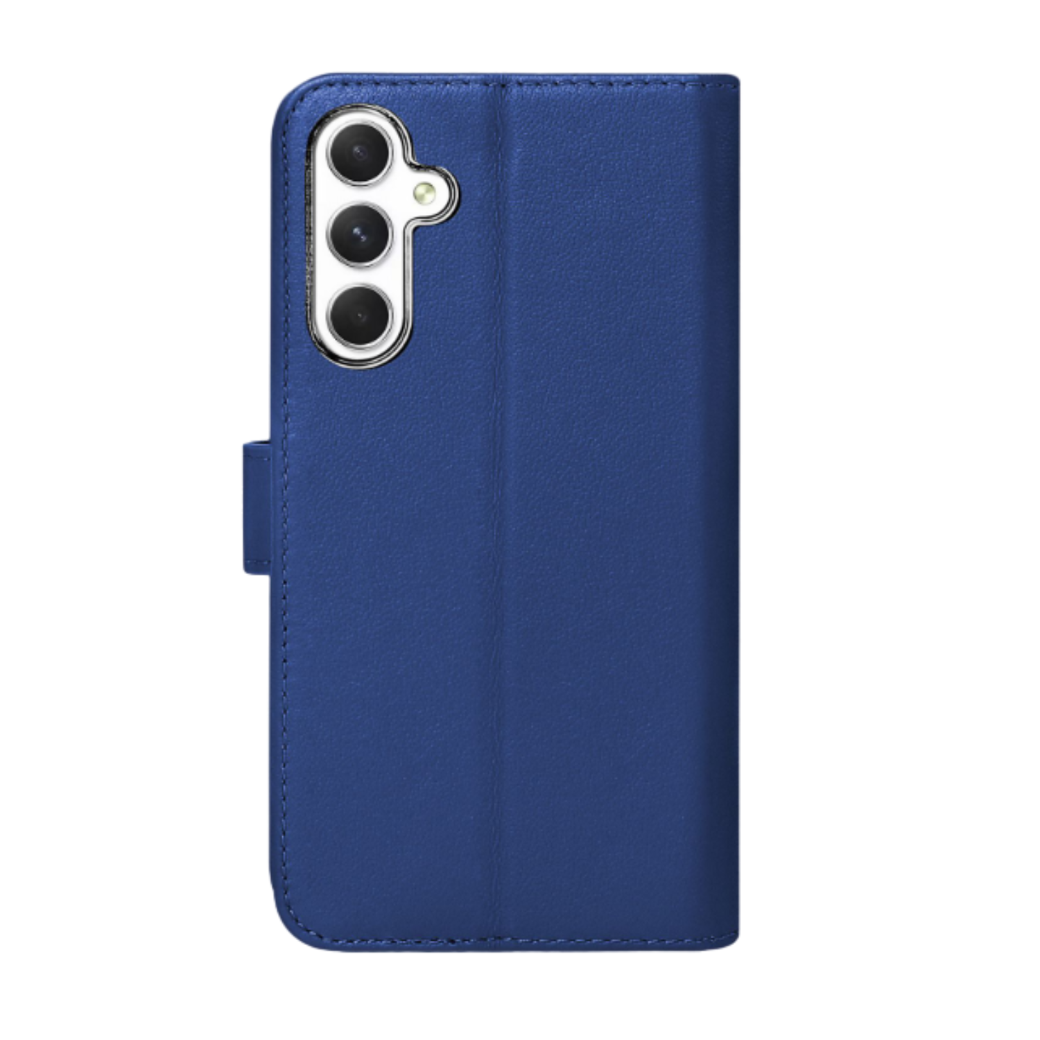 A blue leather phone case, closed and viewed from the back. It has three camera lenses.