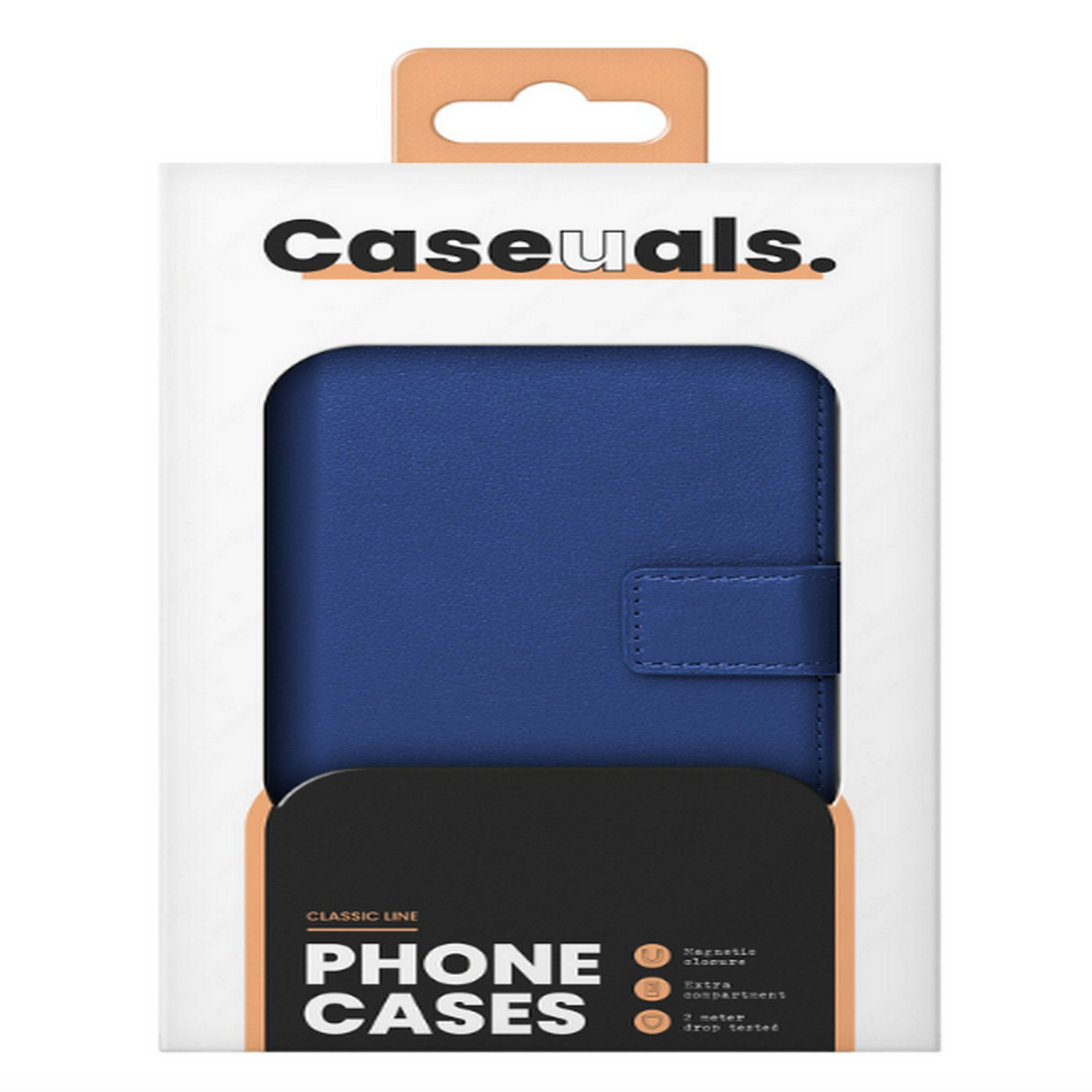 Blue phone case packaging. The case is blue, with the brand name "Caseuals." and the text "Phone Cases".