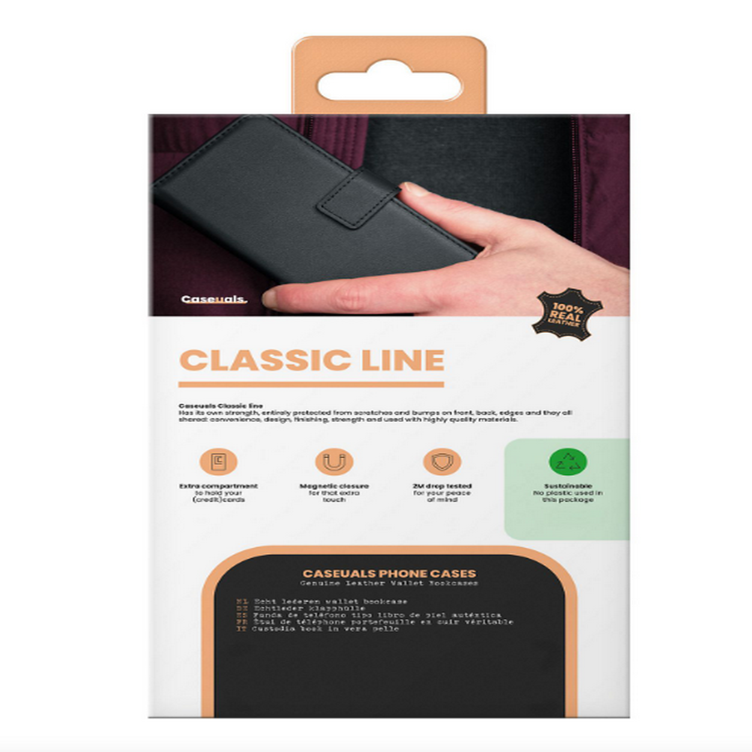 A product box with a black wallet inside. The box reads, "Classic Line".