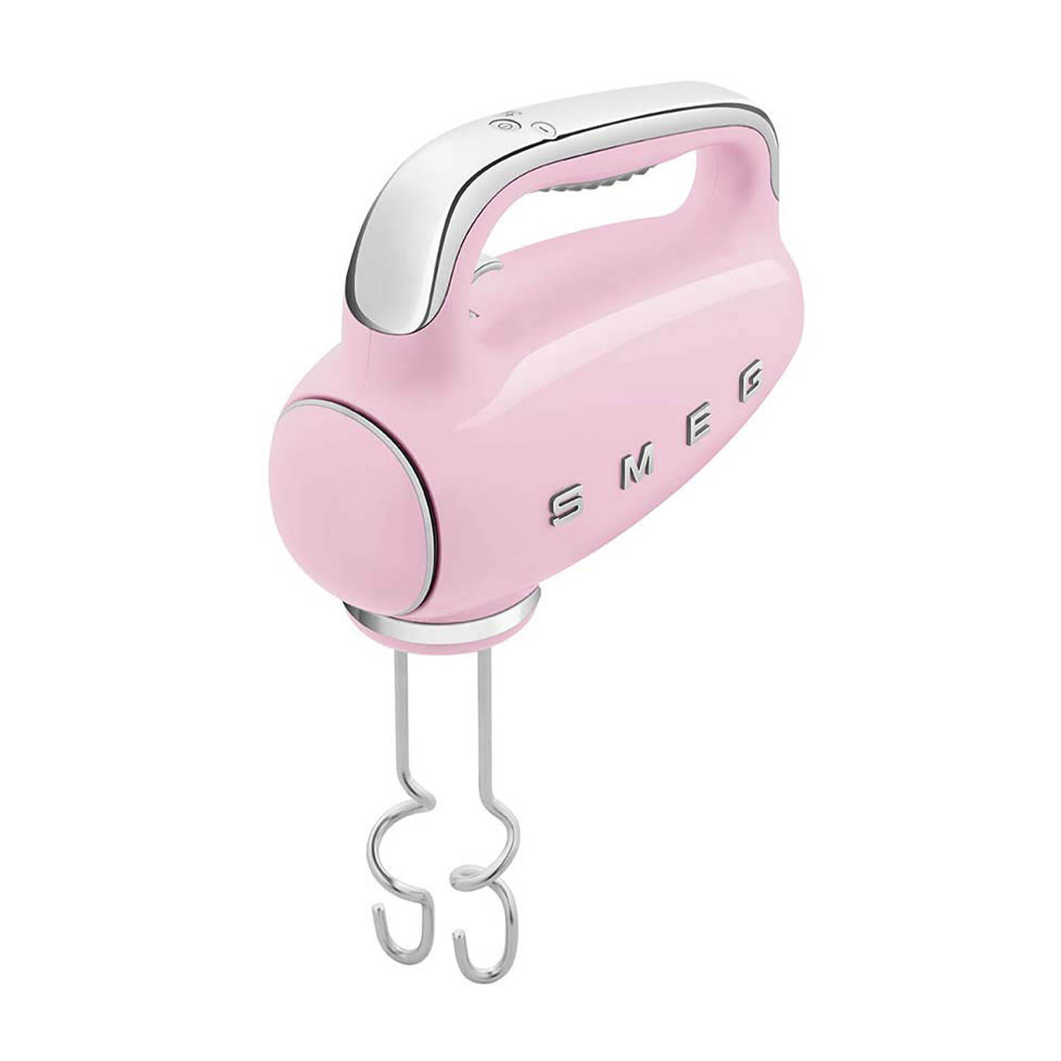 Frullatore a immersione rosa con dettagli cromati e la parola SMEG sul lato, con fruste.