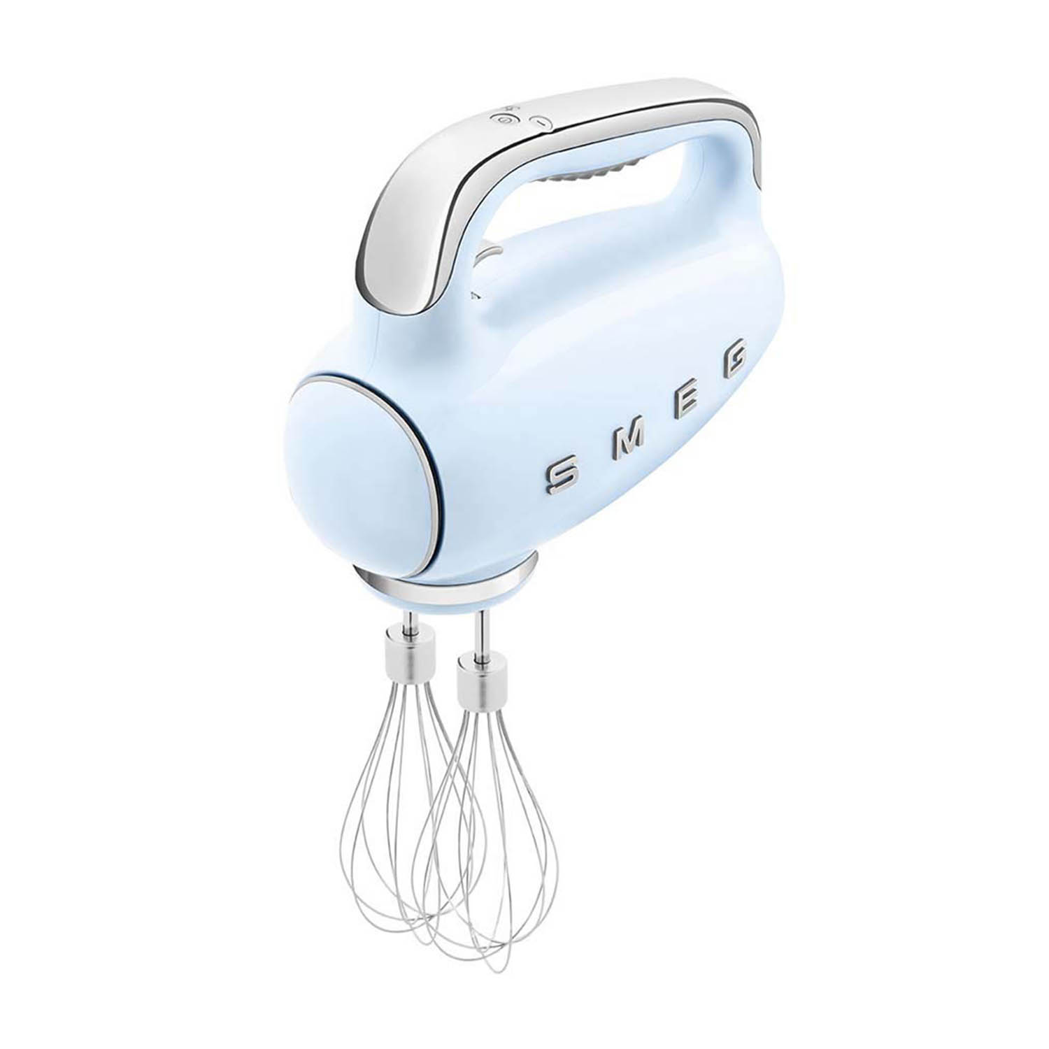 Un frullatore a mano Smeg azzurro con finiture cromate, esposto su sfondo bianco.