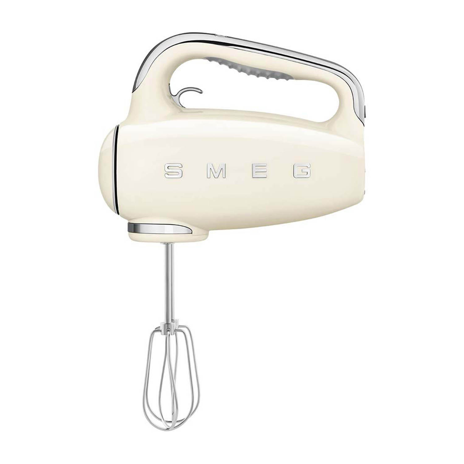 Frullatore a mano SMEG color crema con frusta argentata.