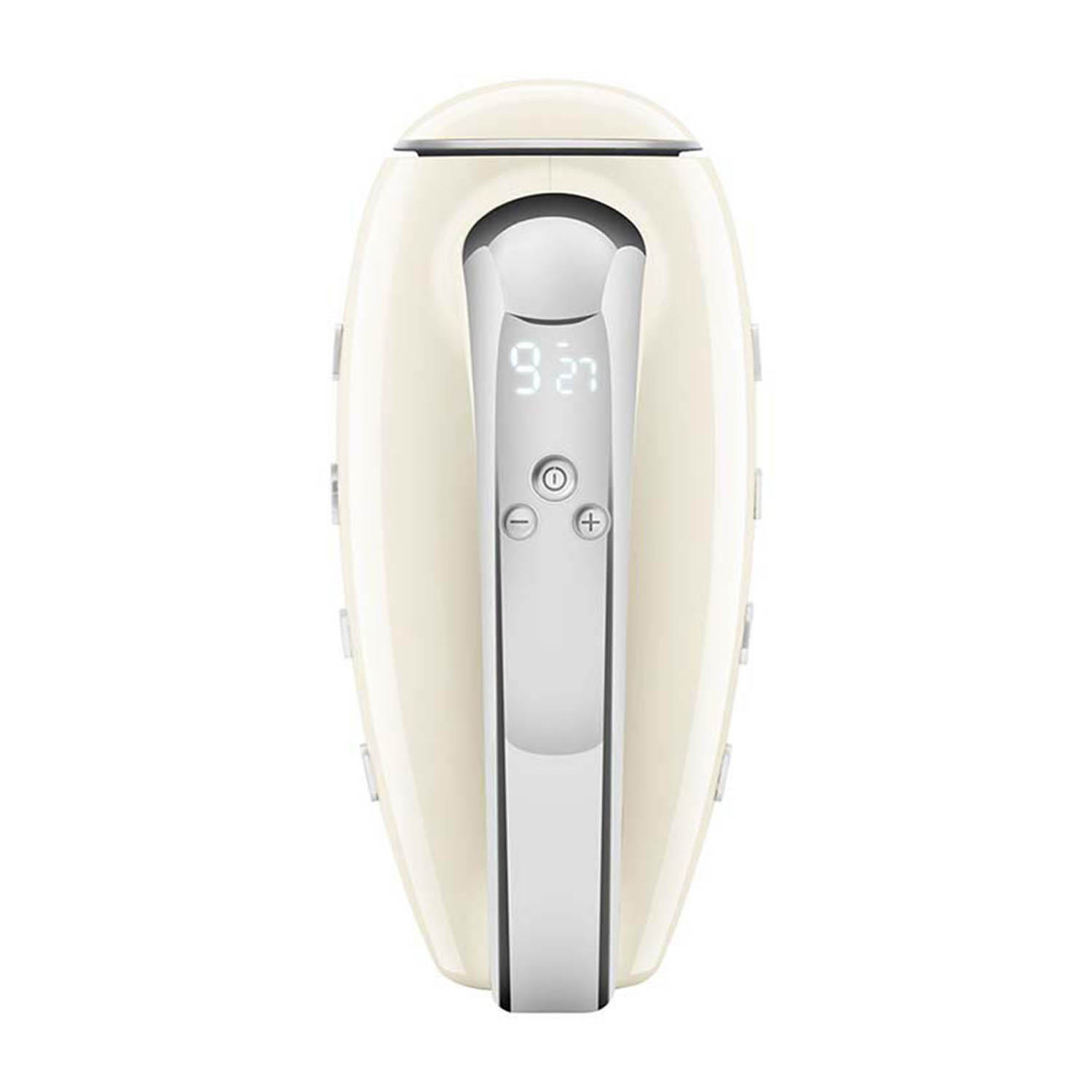 Un elettrodomestico bianco e beige con display digitale, pulsanti e una fascia argentata al centro.