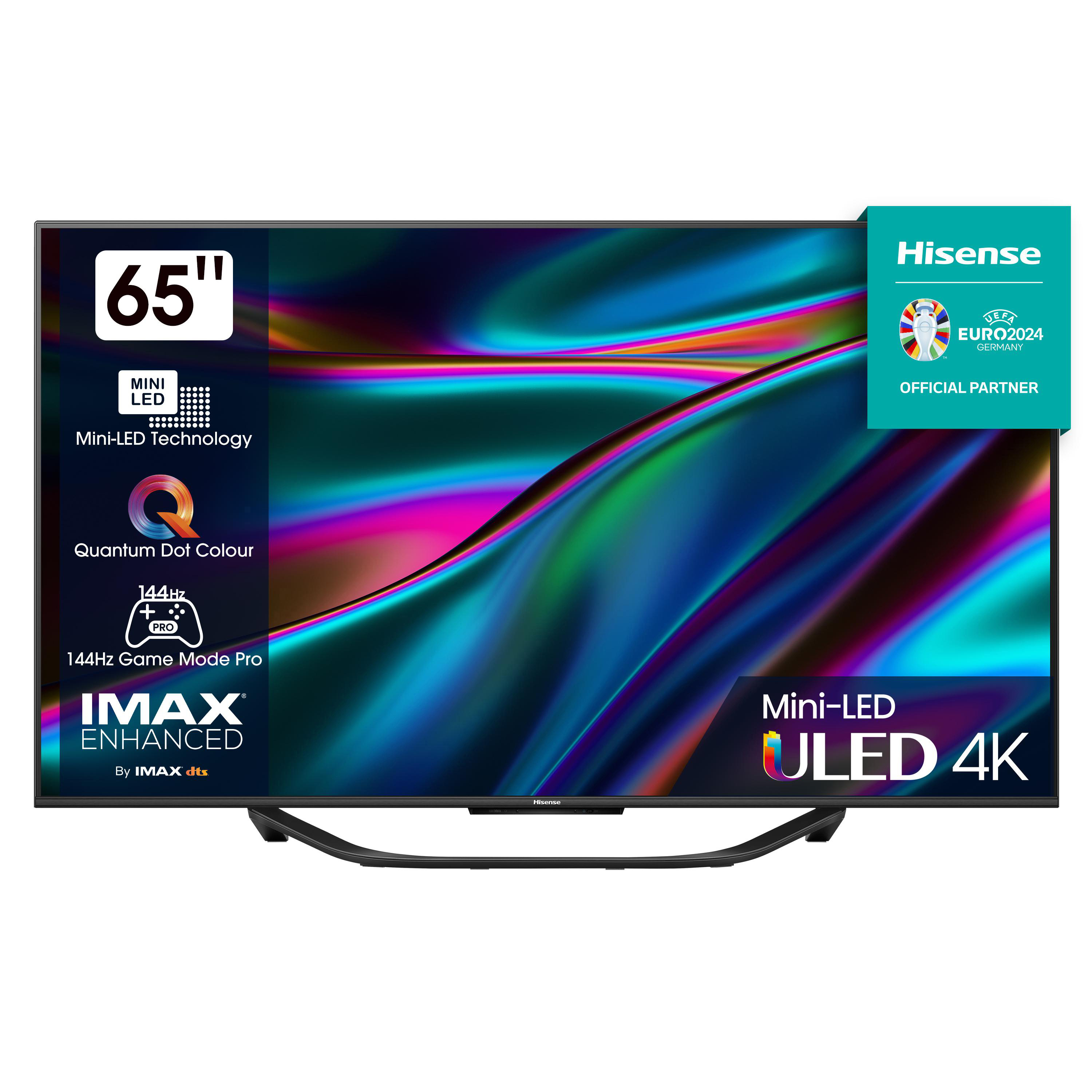 Ein 65-Zoll Hisense Mini-LED ULED 4K TV mit schwarzem Rahmen und Ständer.