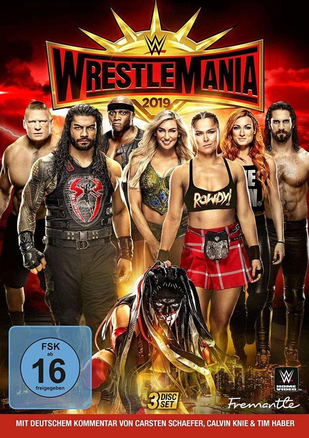 WWE WrestleMania 2019 DVD-Cover. Enthält Wrestler wie Roman Reigns, Ronda Rousey und andere.