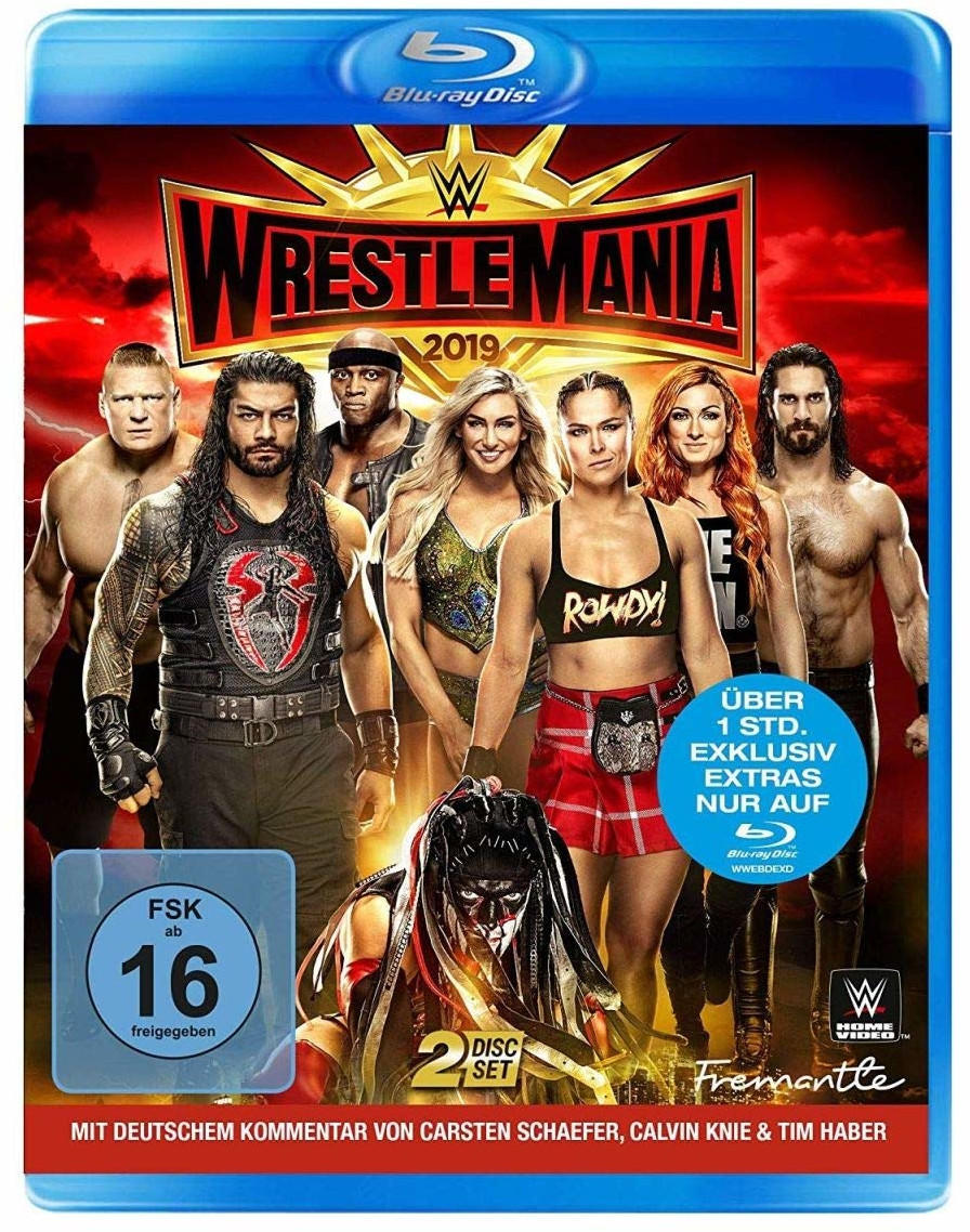 WWE WrestleMania 2019 Blu-ray-Cover. Enthält Wrestler. Ein blaues Gehäuse. Deutscher Text.