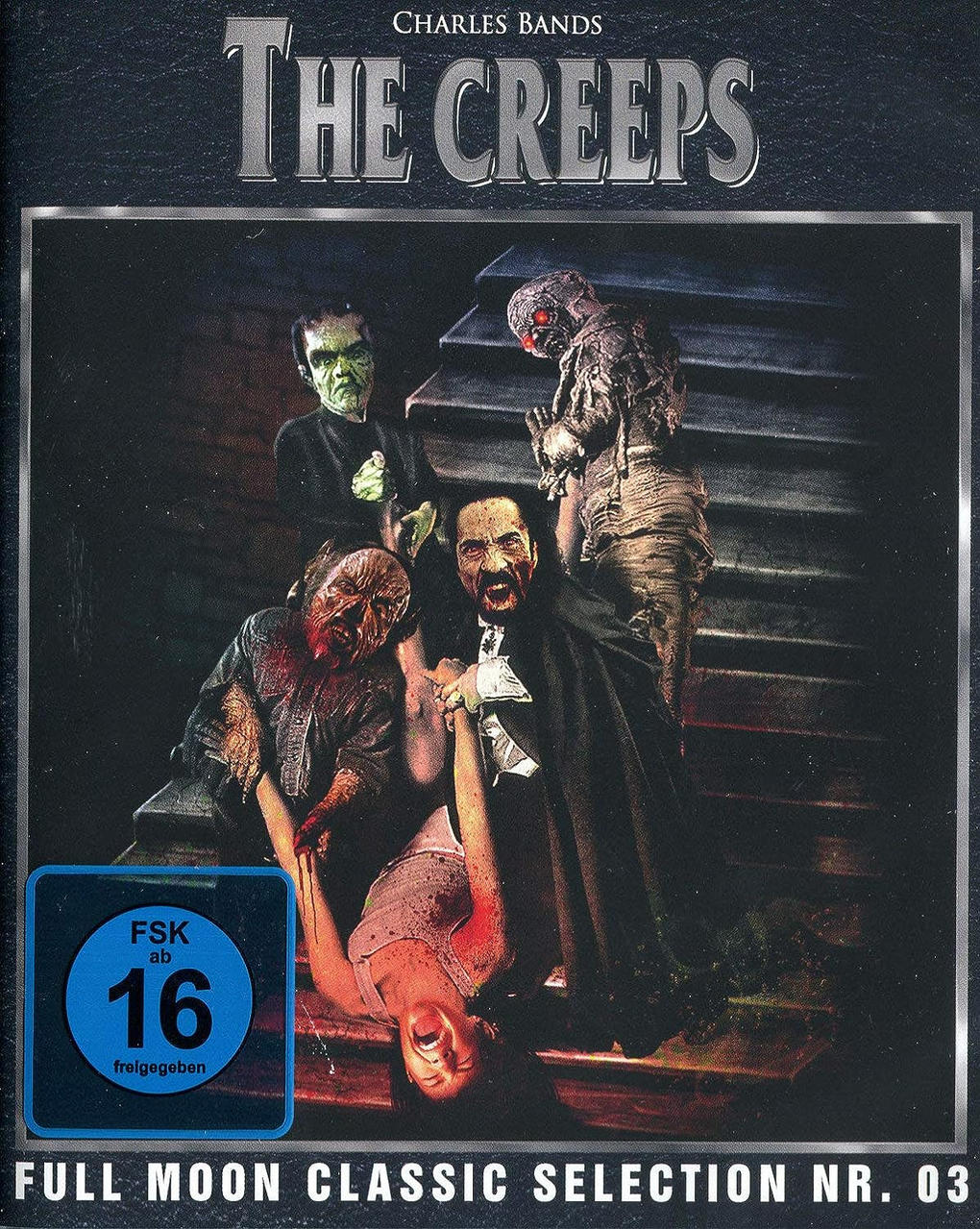 Filmcover für The Creeps. Enthält Bilder von Monstern und einer Frau. Der Titel befindet sich in einem silbernen Rahmen.