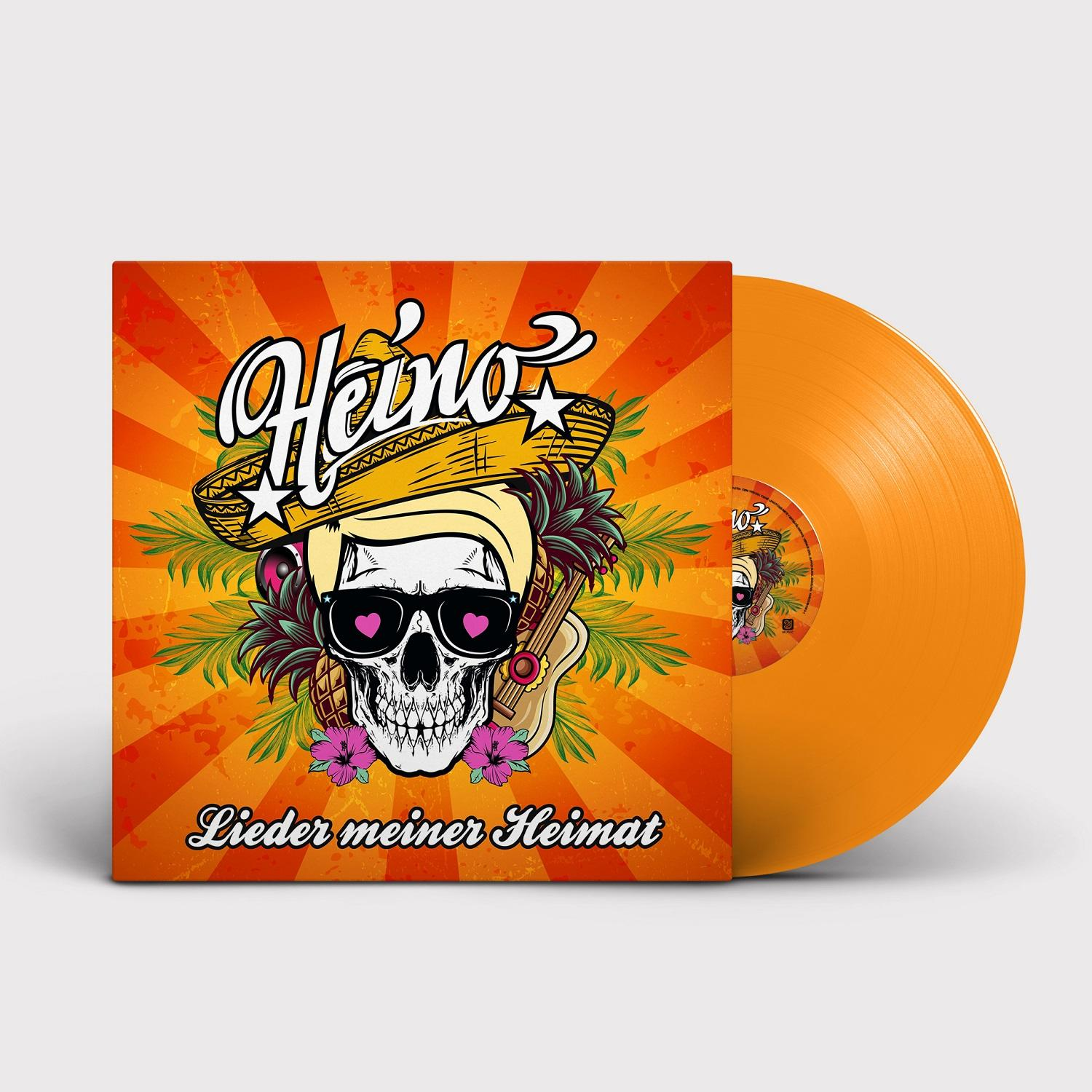 Albumcover mit Totenkopf, Sonnenbrille und Hut, mit orangefarbener Vinyl-Schallplatte.