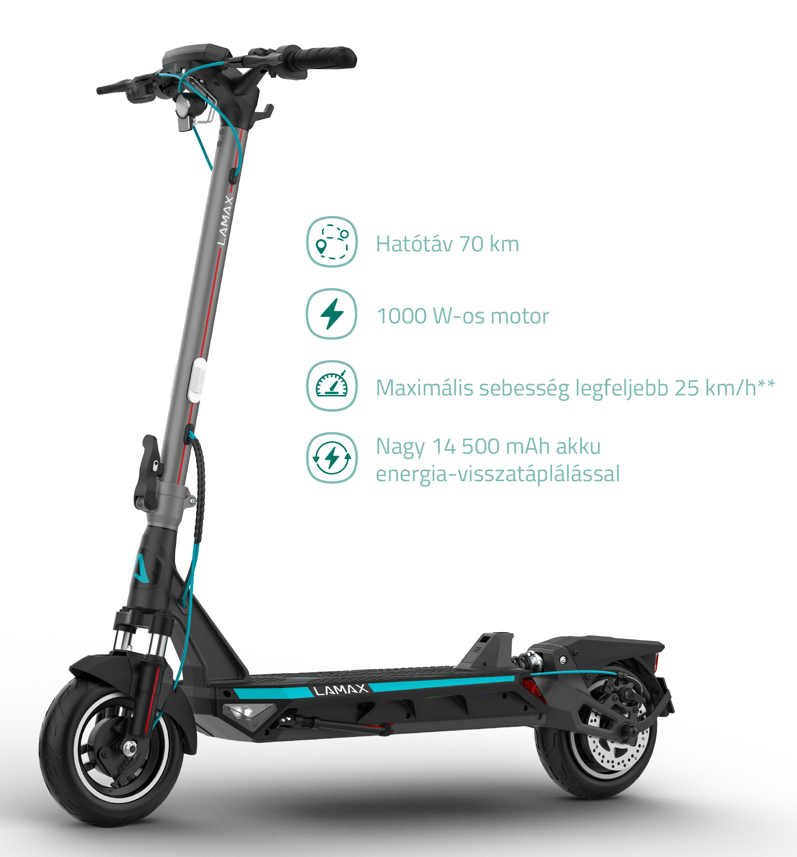 Fekete-szürke Lamax elektromos roller a hatótávolságával, motorjának teljesítményével, sebességével és akkumulátorával.
