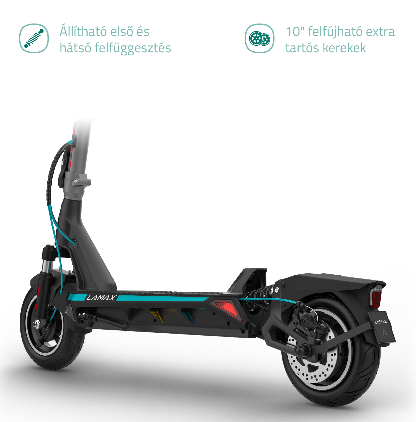 Fekete-kék elektromos roller. Szöveg: LAMAX. Fehér háttér.