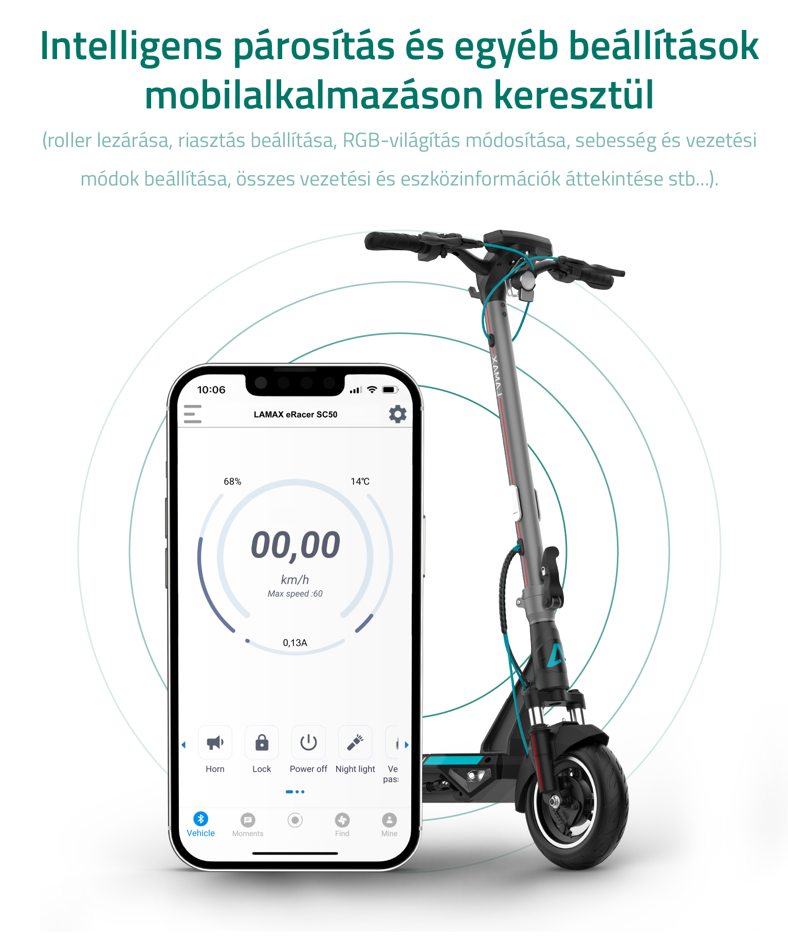 Robogó és telefon applikációval. Sebesség, akkumulátor, beállítások.