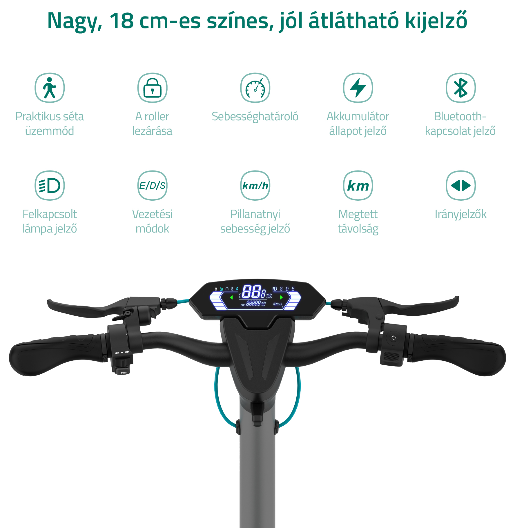 Robogó kormánya kijelzővel és gombokkal. Fehér háttér, közelkép.