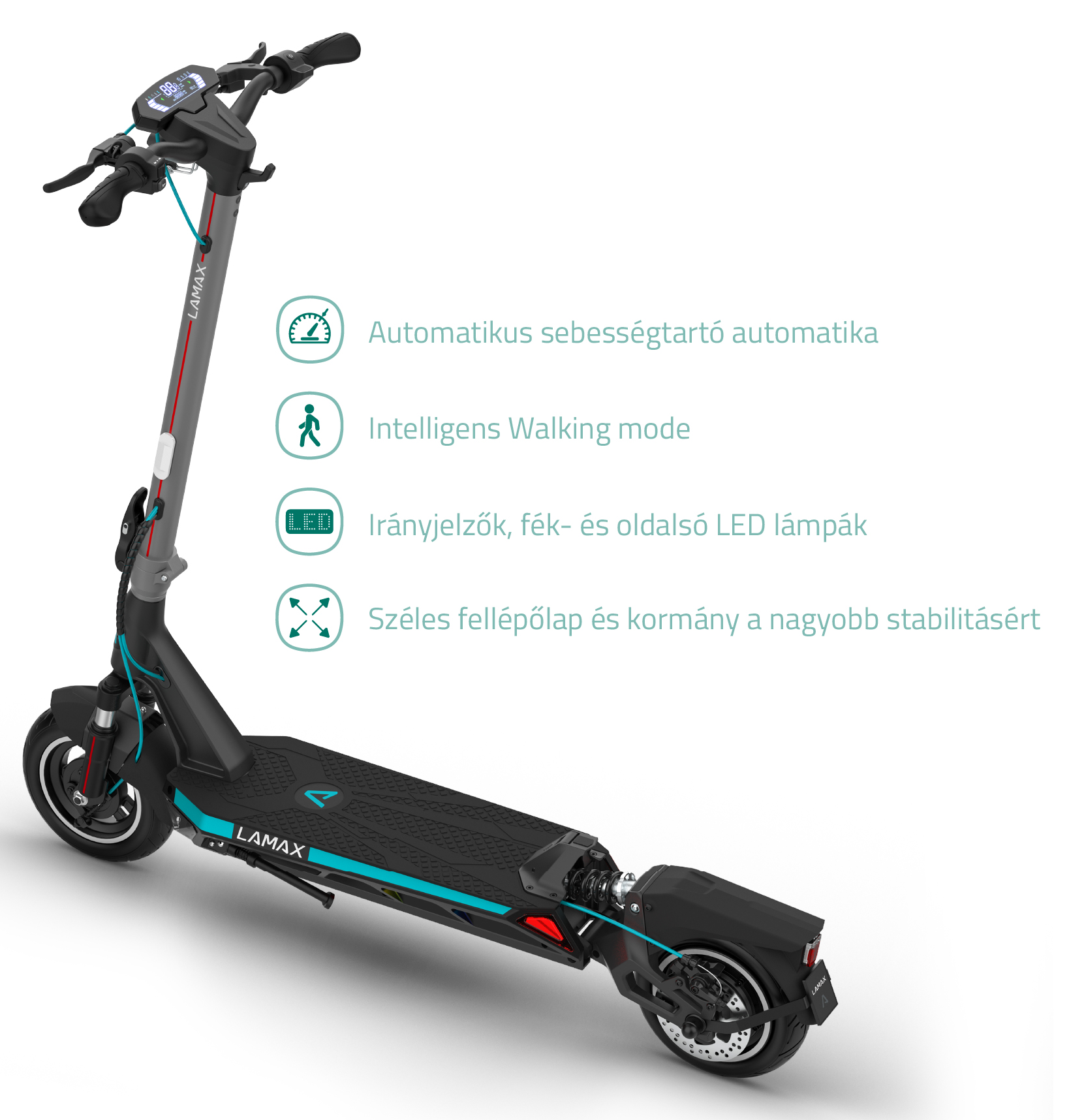 Fekete-szürke Lamax elektromos roller felirattal. Automatikus sebesség, gyalogos mód, lámpák.
