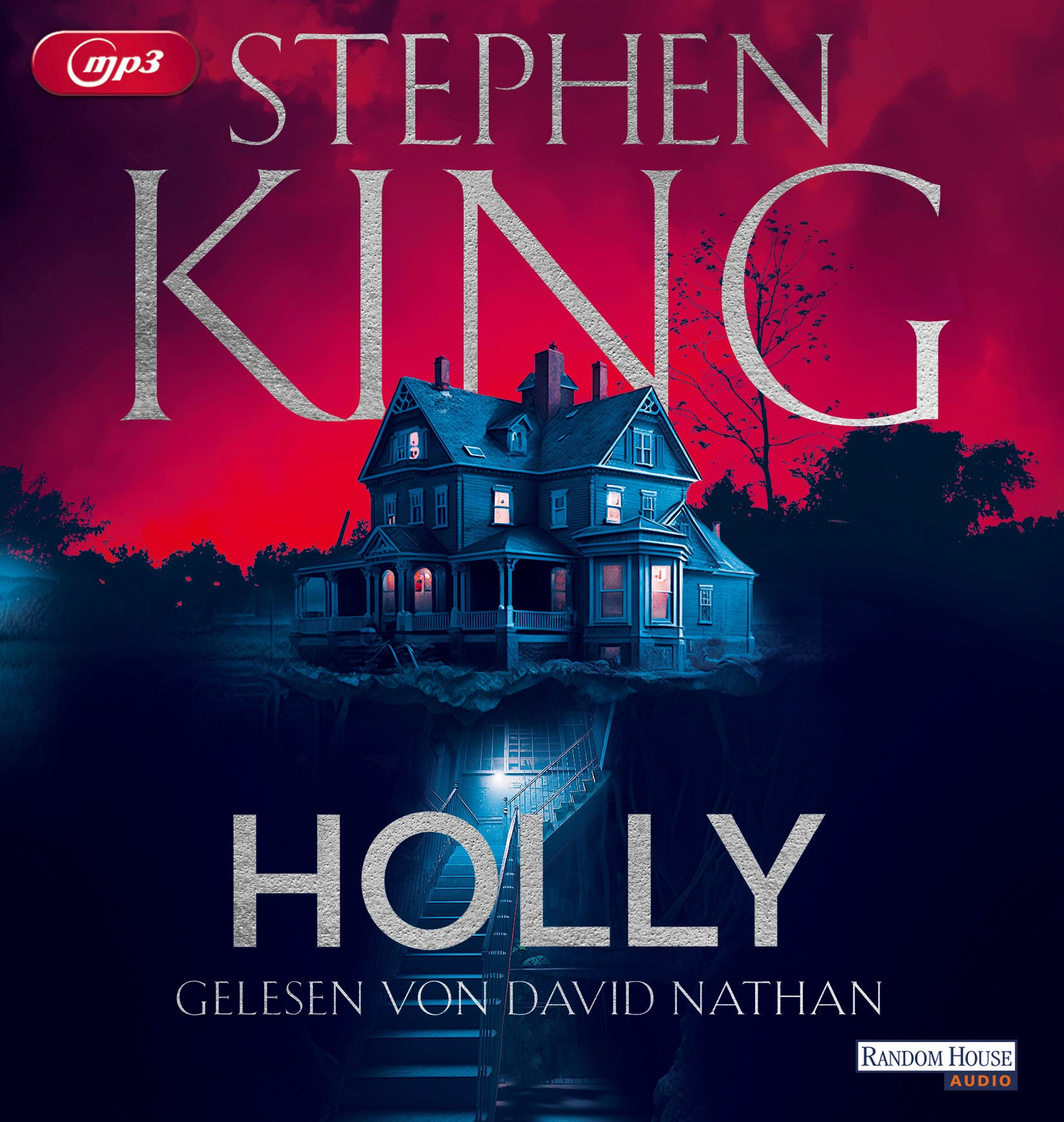 Buchcover für Holly von Stephen King. Ein blaues Haus in einer dunklen Nacht mit rotem Himmel.