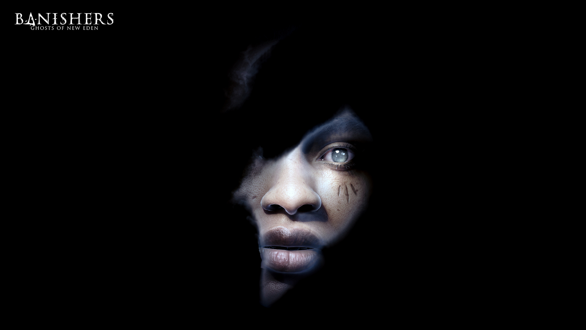 Nahaufnahme eines Gesichts im Schatten, mit hellem Auge und dem Titel 'Banishers: Ghosts of New Eden'.