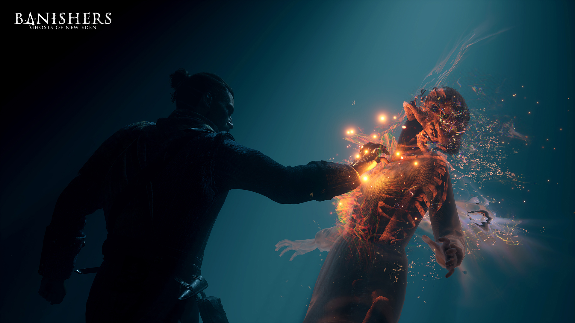 Ein Mann greift eine leuchtende Gestalt mit einem Schwert an. Banisher: Ghosts of New Eden.