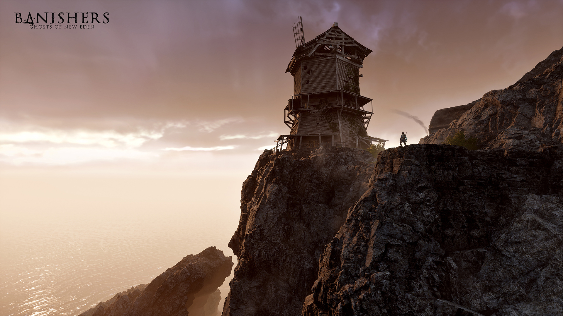 Eine Berglandschaft mit einem Turm auf der Spitze. Der Spieletitel 'Banishers: Ghosts of New Eden' steht oben.