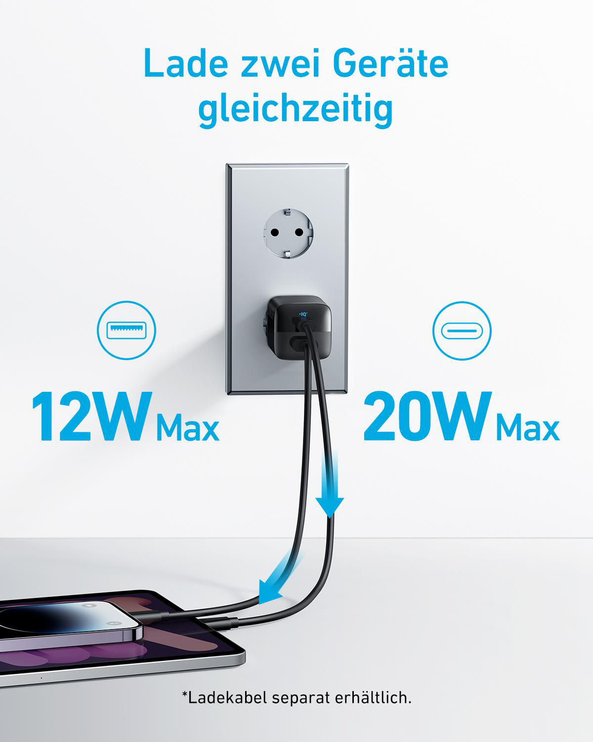 Weiße Steckdose mit zwei Ladeanschlüssen und einem Tablet und Telefon, die geladen werden. Text sagt 12W und 20W.