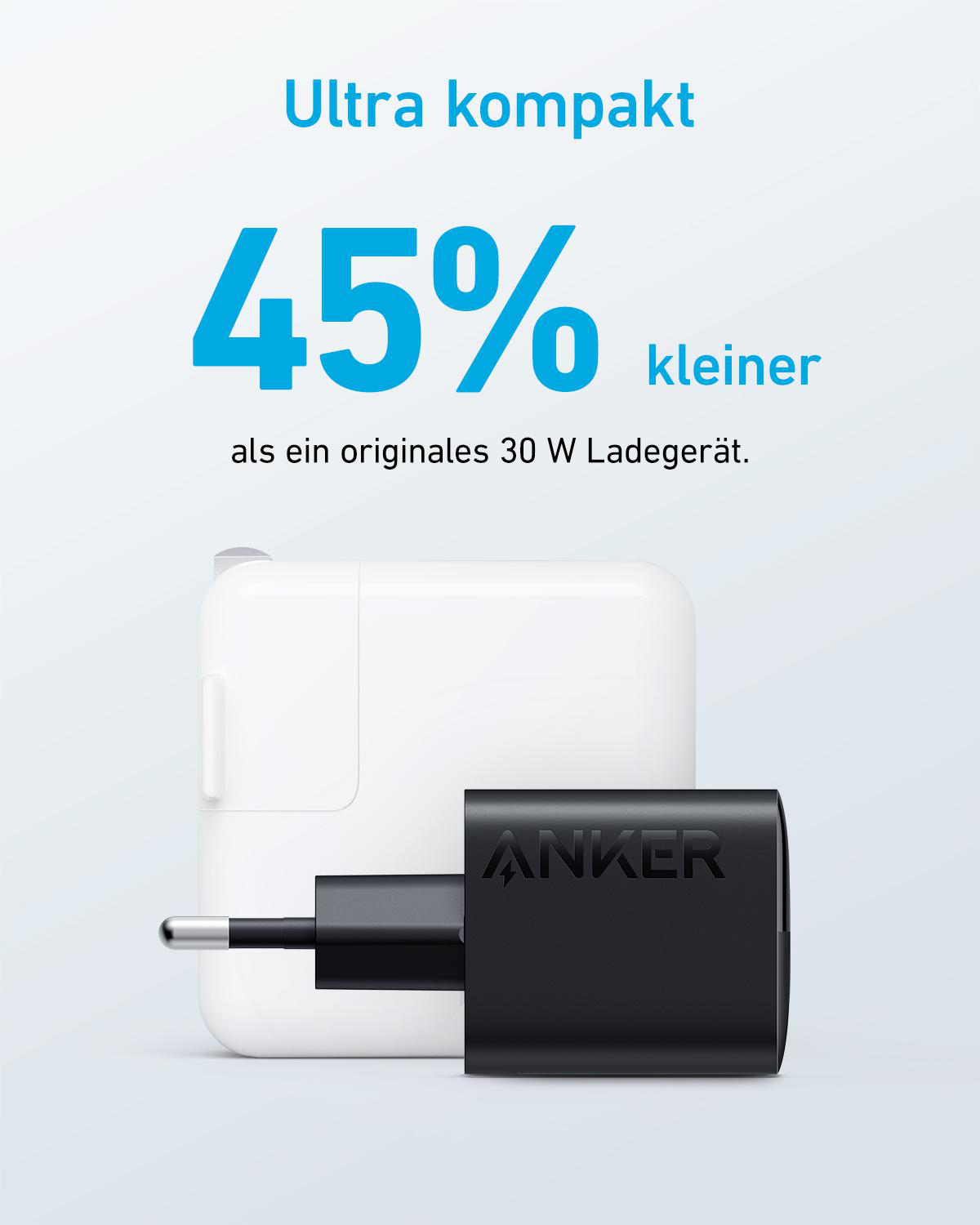 Anker-Ladegerät, schwarzer Stecker vor weißem Ladegerät, Text: 45% kleiner.